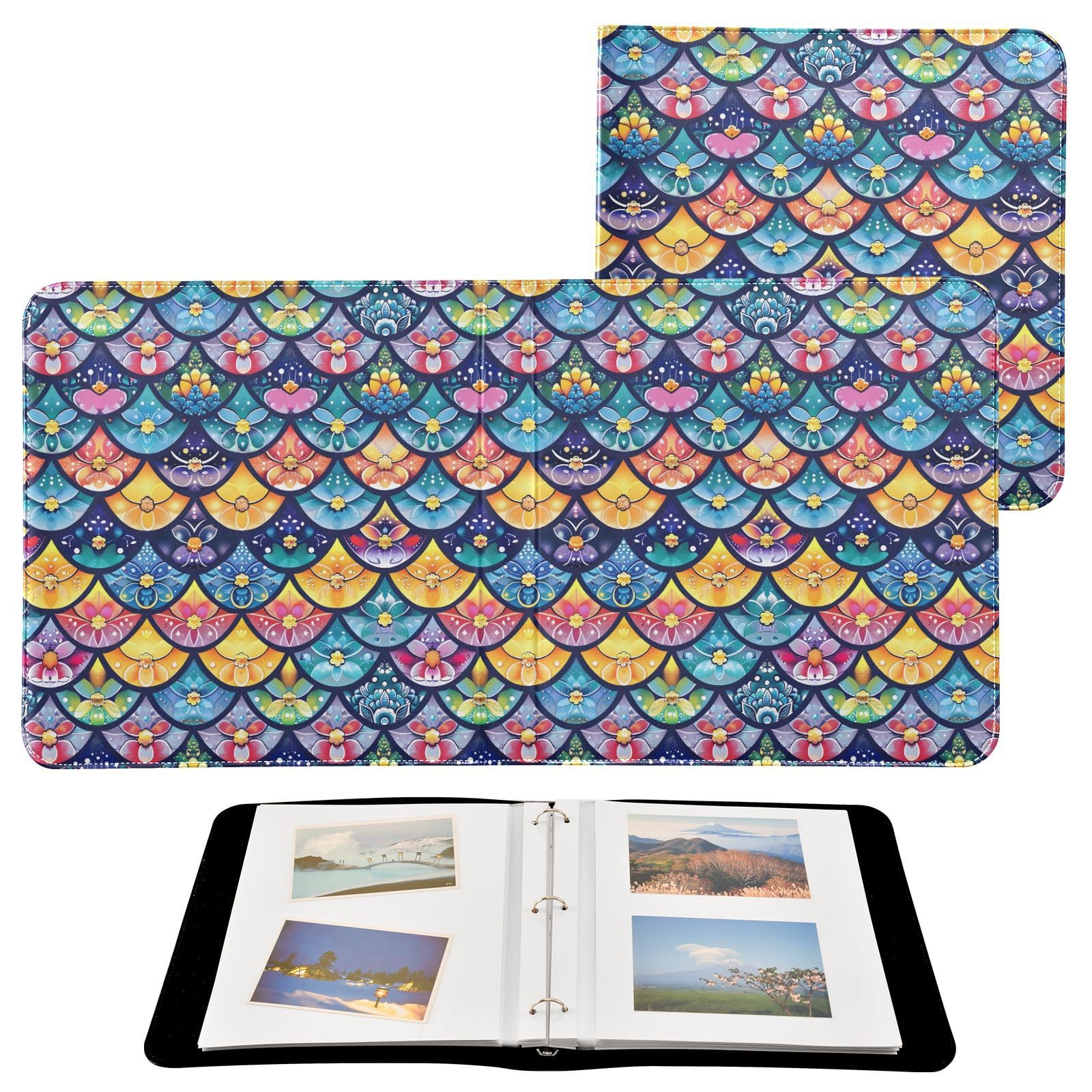 JIPONI Mermaid Flower Large Photo Album, DIY Leather Cover Scrapbook Albums for 4x6 5x7 6x8 Pictures, Self Adhesive Memory Book for Wedding, Baby, Family