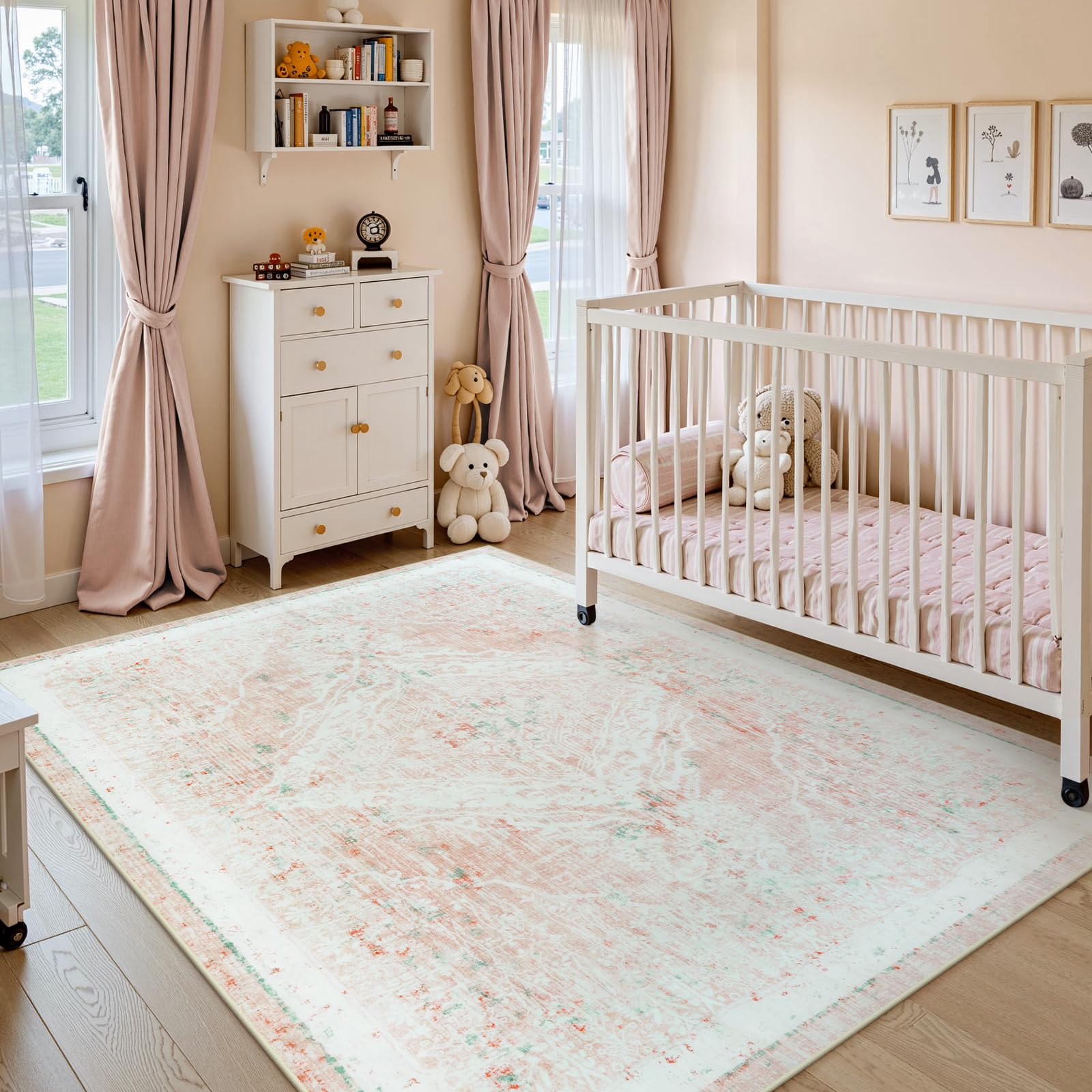 LIVEBOX 5x7 Soft Boho Pink Rugs for Bedroom Girls, Non-Slip Faux Wool Area Rug for Bedroom, Ultra-Thin Machine Washable Area Rug for Girls Room, Non-Shedding Rugs for Kids Room