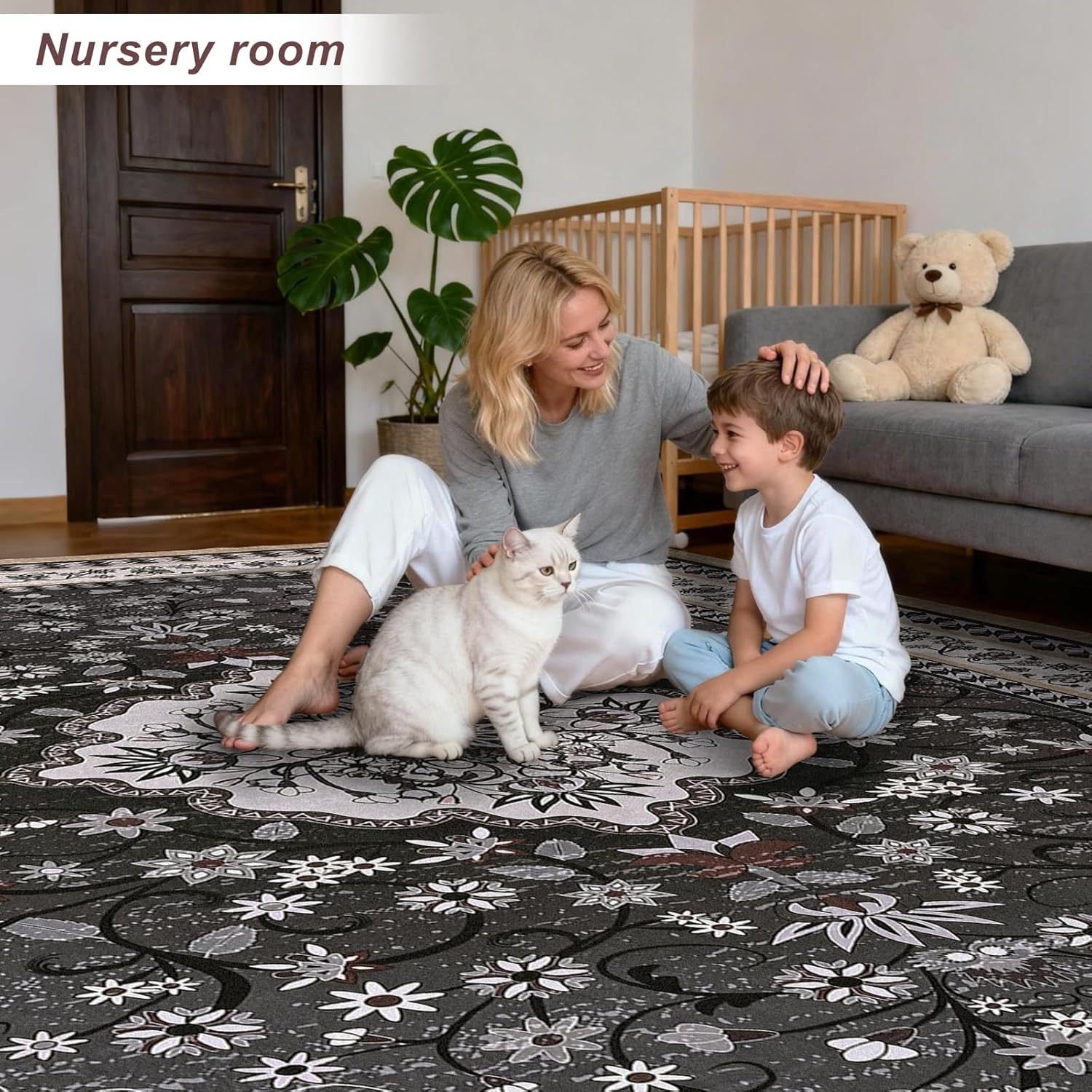 Luxury 8' x 10' Black Washable Area Rugs, Boho Low Pile Easy Clean Non-Slip Rug, Floral Medallion Pattern Vintage Rugs for Living Room, Dinning Room, Office, Bedroom, Bathroom, Laundry Room, Farmhouse