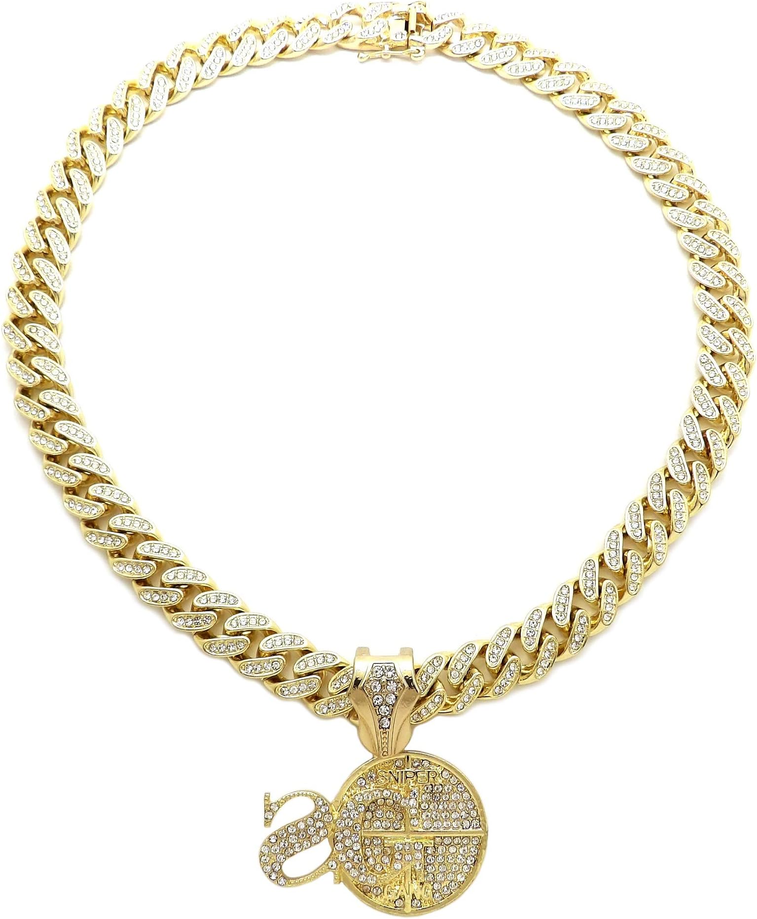 Hip Hop 'SG' Sniper Gang Pendant & 12mm 18" Full Iced Out Box Lock Cuban Chain Necklace