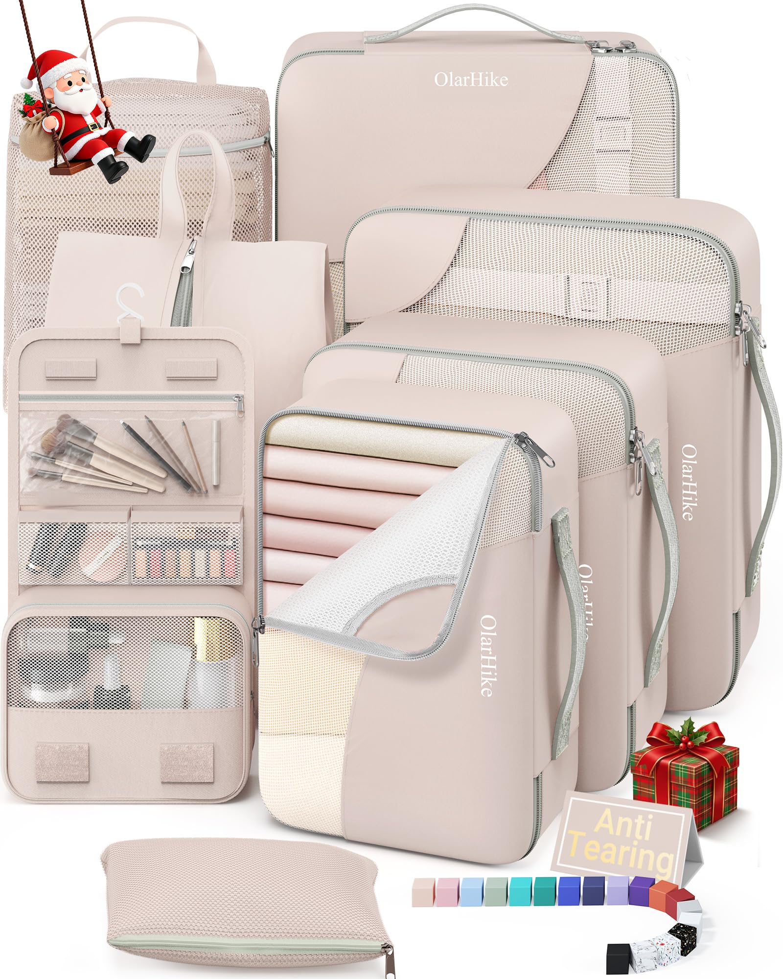 10 Set/8 Set Packing Cubes for Travel,Gifts for Women Mom at Christmas,AntiTearing Suitcase Organizers for Luggage with Shoe & Hook Toiletry Bag,Vacation Essentials & Accessories for Cruise Ship,Cream