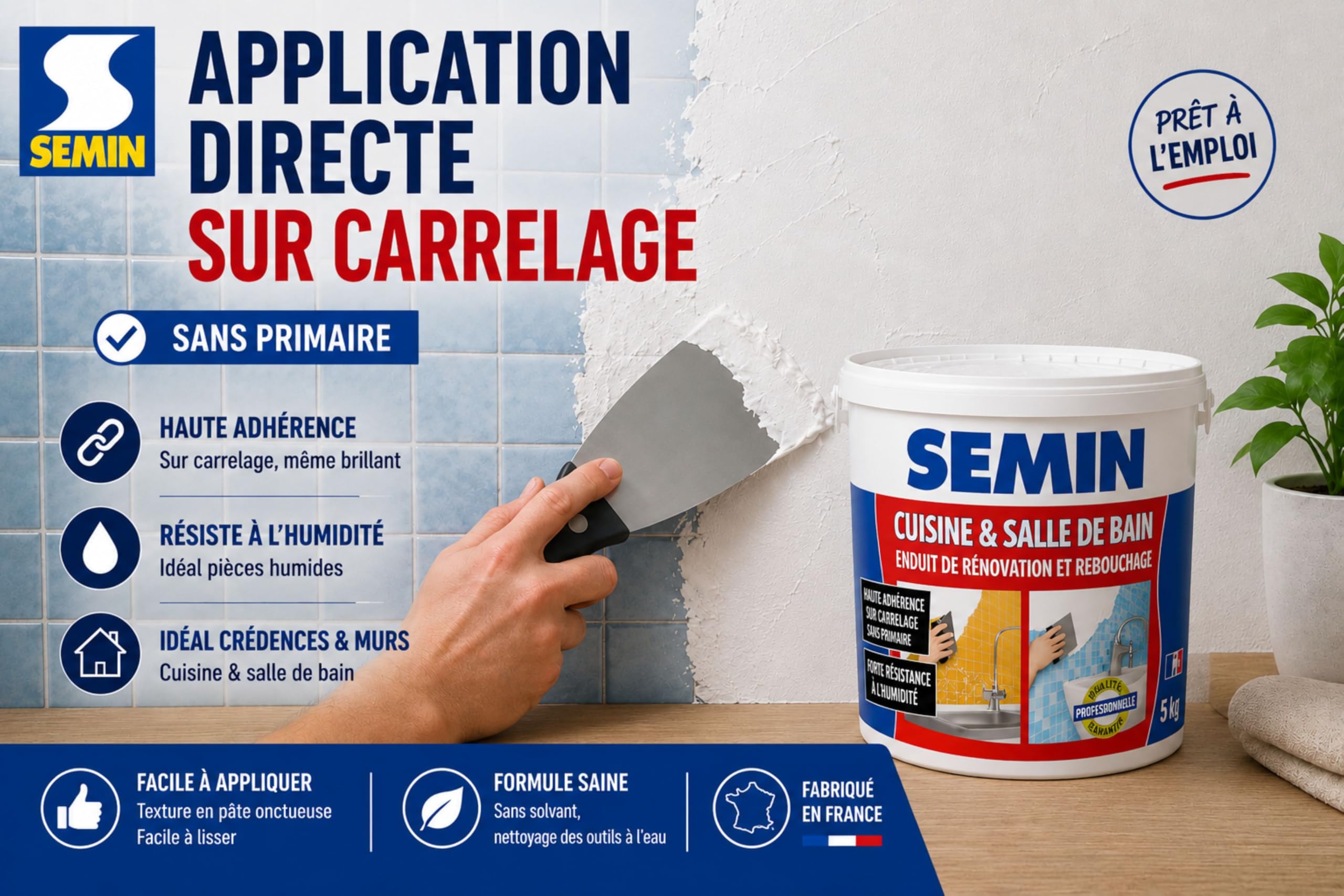 SEMIN Enduit de Rebouchage & Rénovation Cuisine et Salle de Bain 5kg – Enduit Prêt à l’Emploi, Haute Adhérence sur Carrelage sans Primaire, Résistant à l’Humidité, Murs Intérieurs - Lot de 5