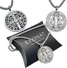 Ekonat St Benedict Medal - St Benedict Cross - Stainless Steel Medal with 30 mm Chain - Gloss Black Enamel Finish - Steel Chain 55 cm