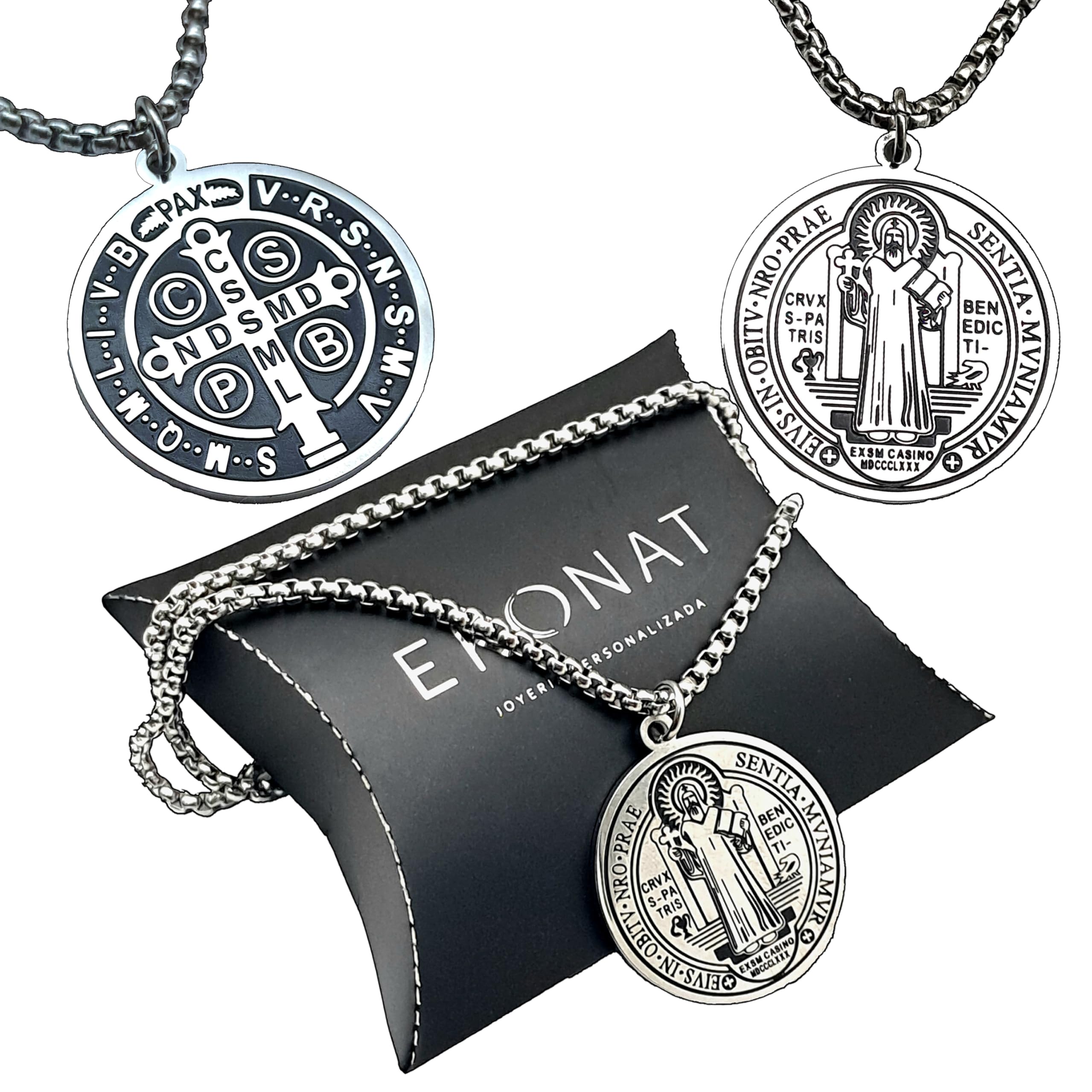 Ekonat- Medalla san benito - cruz de san benito - Medalla acero inoxidable con cadena 30 mm -acabado Brillo esmalte negro- Cadena de acero 55 cm