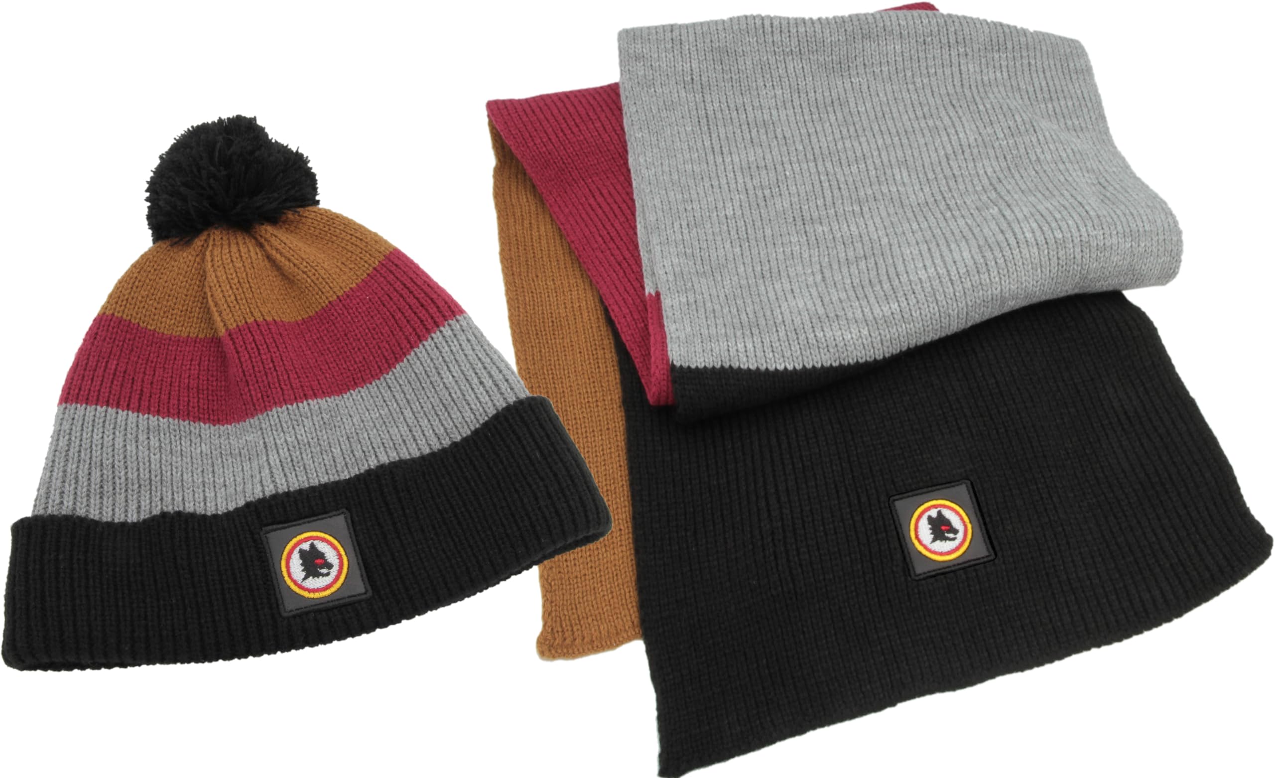 AS Roma SET KIDS LUPETTO LOGO LEATHER PATCH KNITTED SKIPPER BEANIE & SCARF