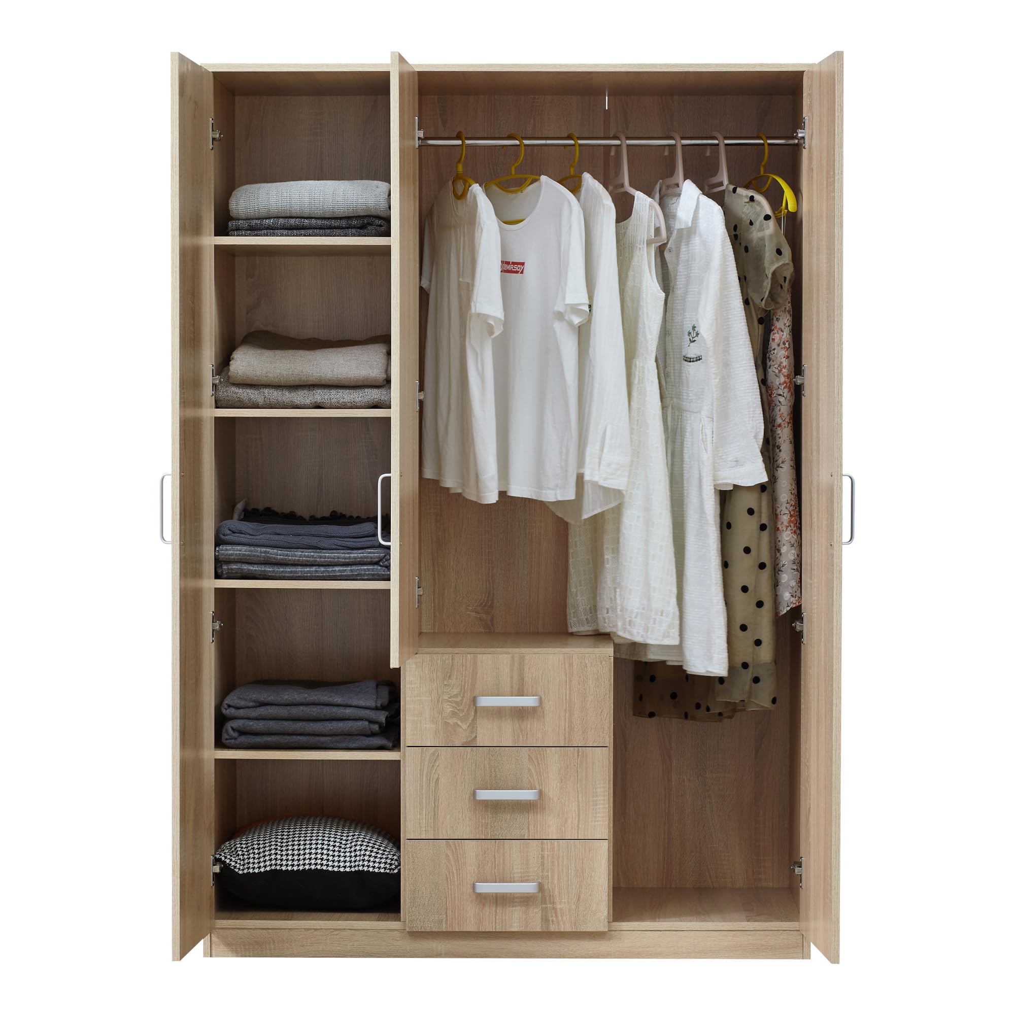 [en.casa] Armario Ropero Bodolz Guardaropa Armario de Almacenamiento con 3 Puertas 1 Perchero 5 Compartimentos 1 Espejo MDF 176 x 120 x 52 cm - Efecto Roble Sonoma
