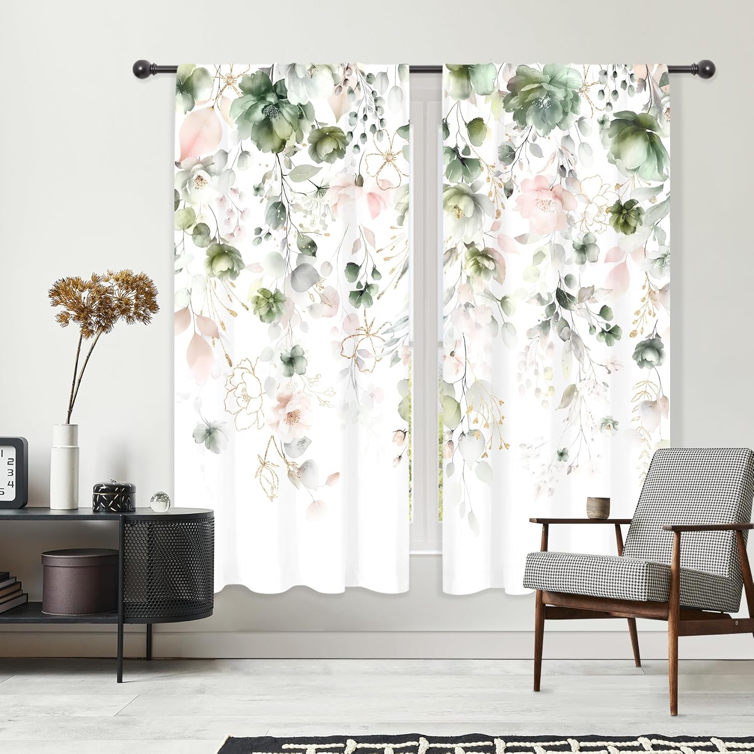 Riyidecor Green Pink Floral Curtains Rustic Spring Wildflower Flower Leaf Herbs Plants Natural Botanical Farm Rod Pocket Women Girls Bedroom Living Room Treatment Fabric 2 Panels 42Wx63H Inch