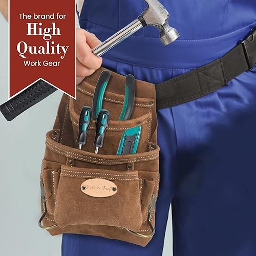 Vista 35 de Style n Craft Bolsa de herramientas y uñas de carpintero de 10 bolsillos con clip para cinta, bolsa de cuero de alta resistencia, bolsa de cuero
