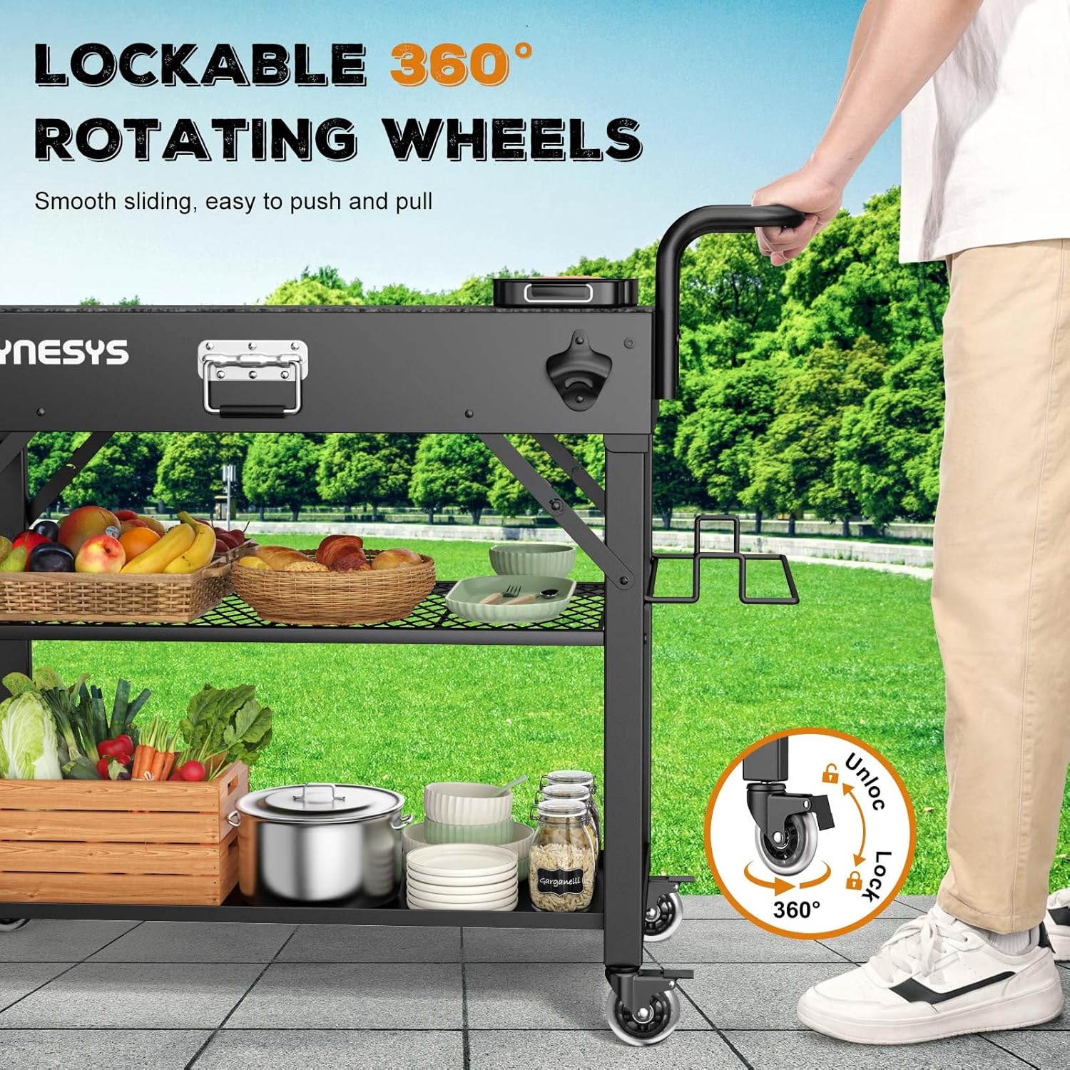 Close-up of the 360 degree rotating wheels with locking mechanism