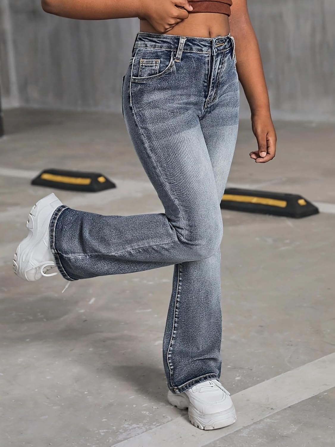 Girls Jeans Flare High Elastic Waist Denim Pants Bell Bottom Stretch Cute Y2K Streetwear with Pockets 7-14Y