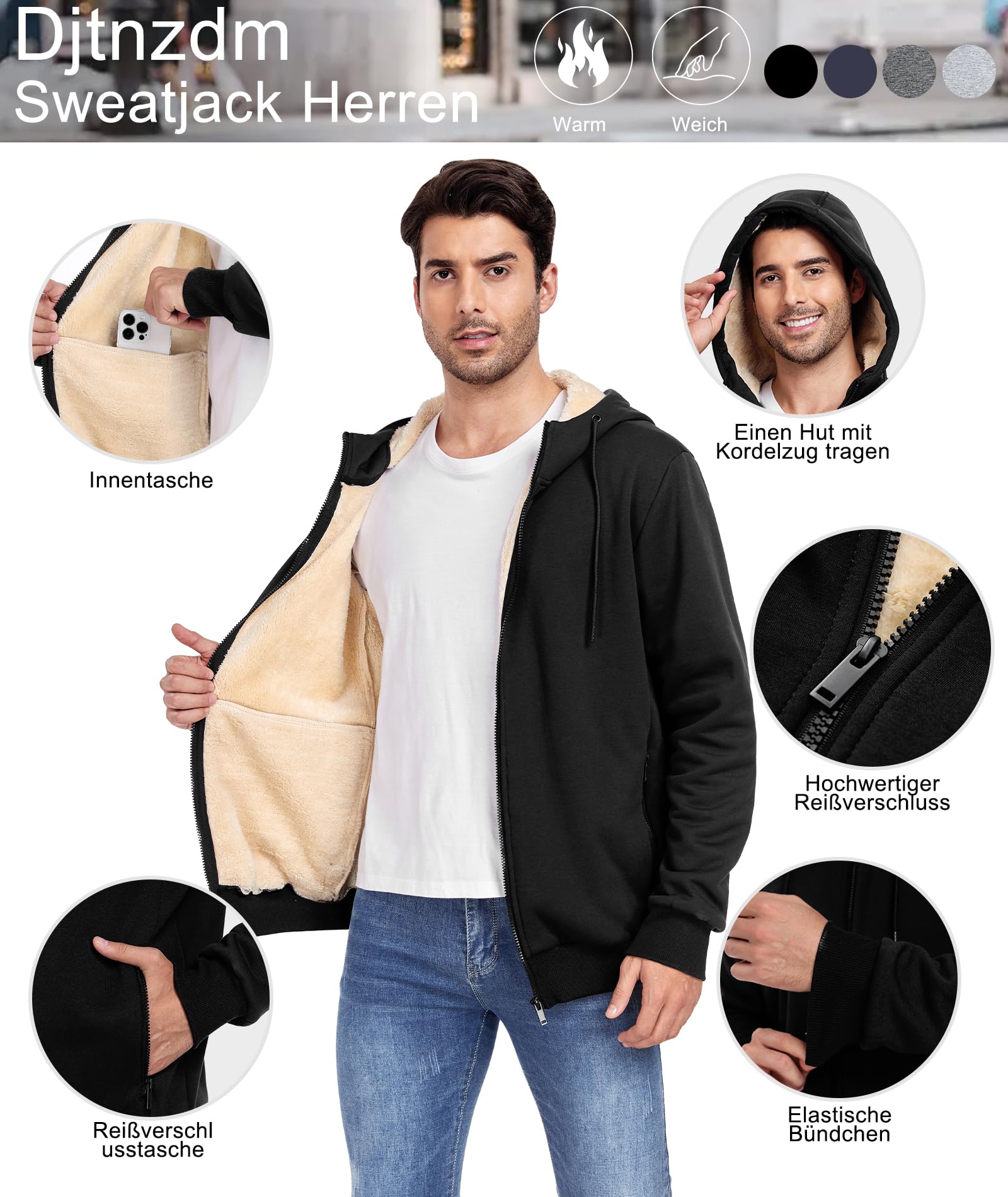 Djtnzdm Felpa con Cappuccio e Zip Uomo Inverno Felpa in Pile Caldo Casual Hoodie con Cerniera Uomo Tasche Giacca Termica con Zip