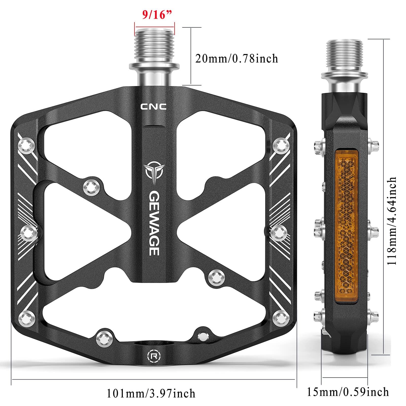 Bike Pedals 9/16 Inch - Bicycle Pedals with Reflectors