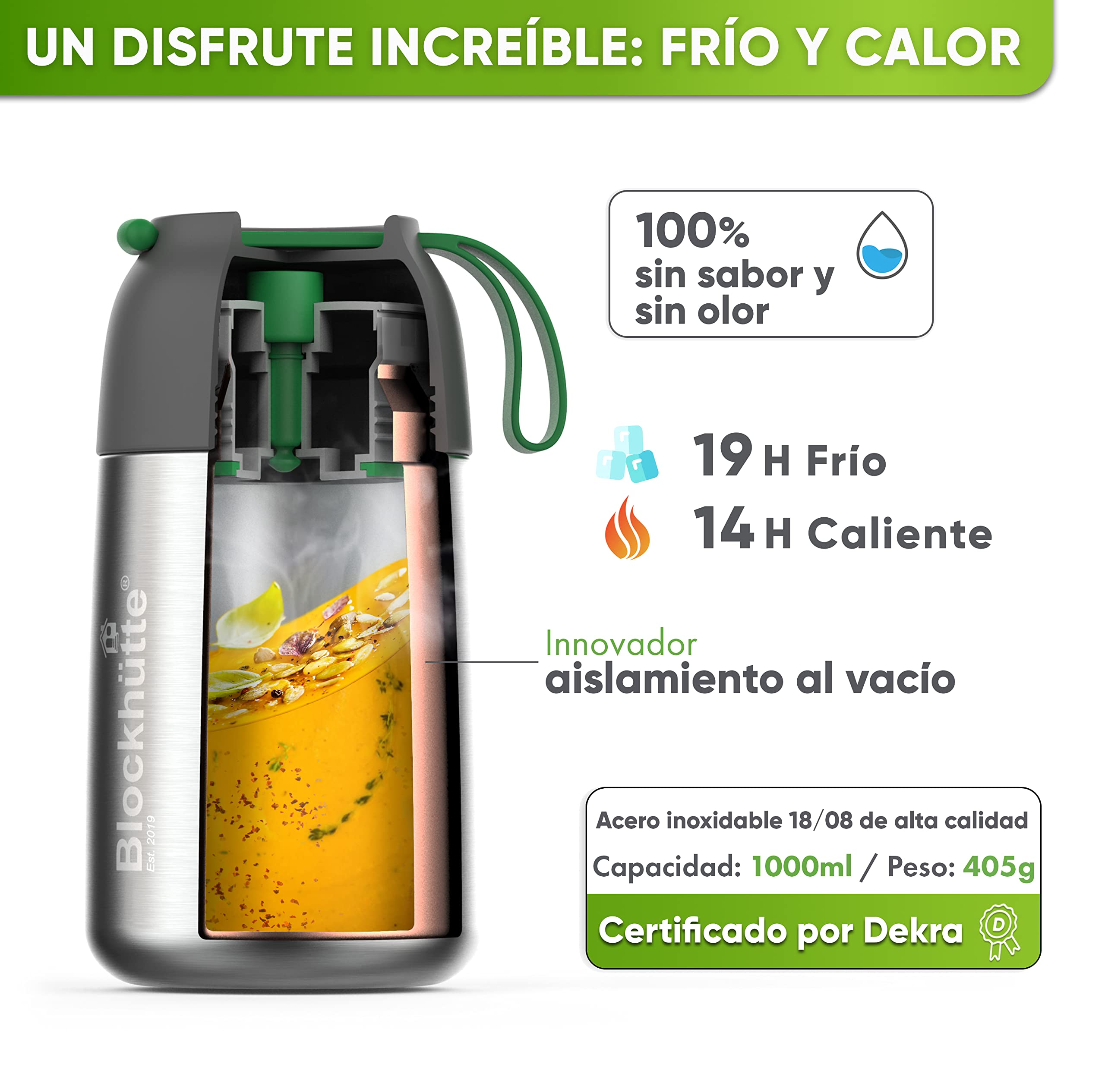 Blockhütte Termo Comida Caliente de acero inox I 1L I Con Cepillo y Cuchara - Termo para Comida Caliente até 14 h - Fiambrera Termica para adultos y niños - Recipientes Termicos