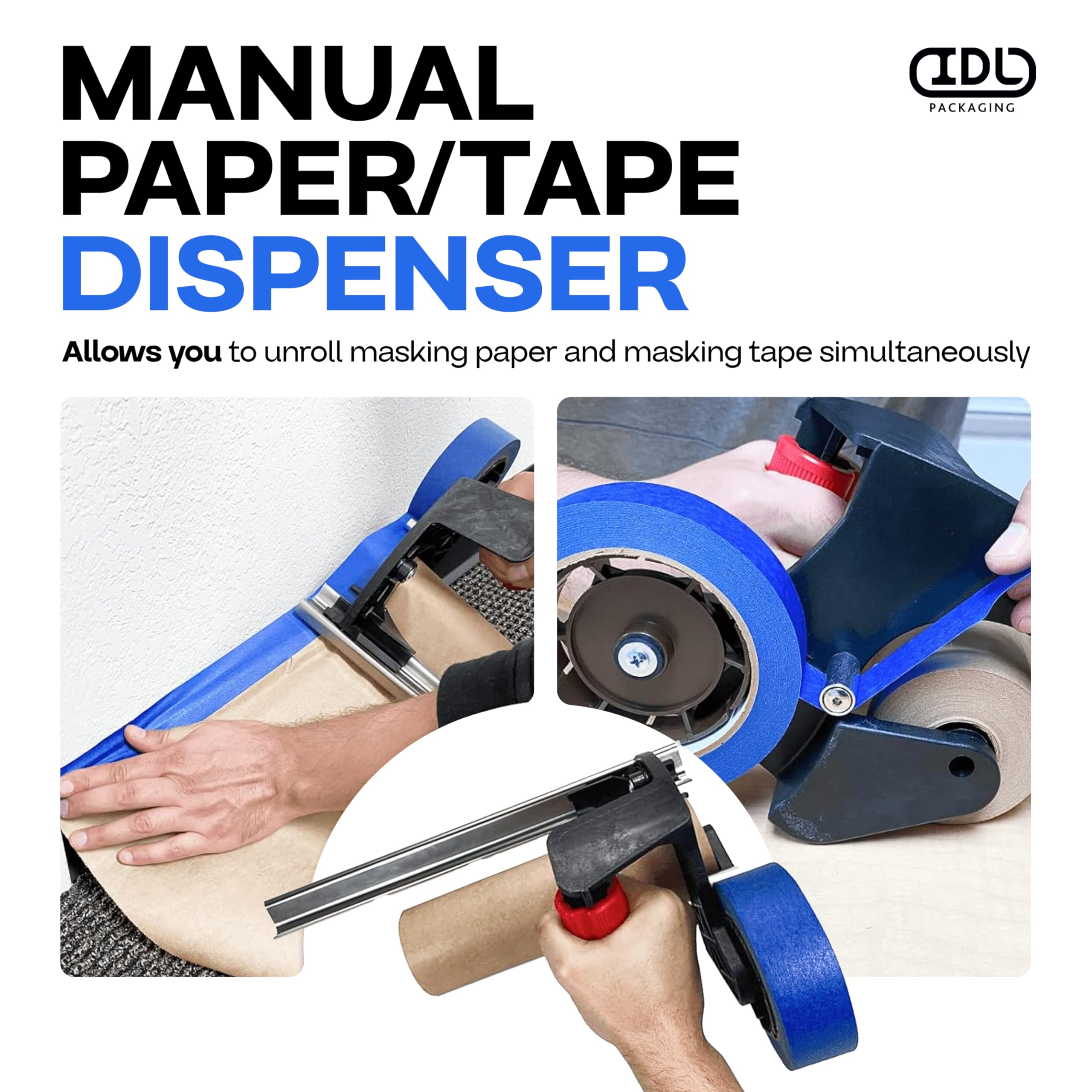 IDL Packaging TH-120 - Dispensador ergonómico para cinta adhesiva y papel kraft de enmascarar con hoja incluida