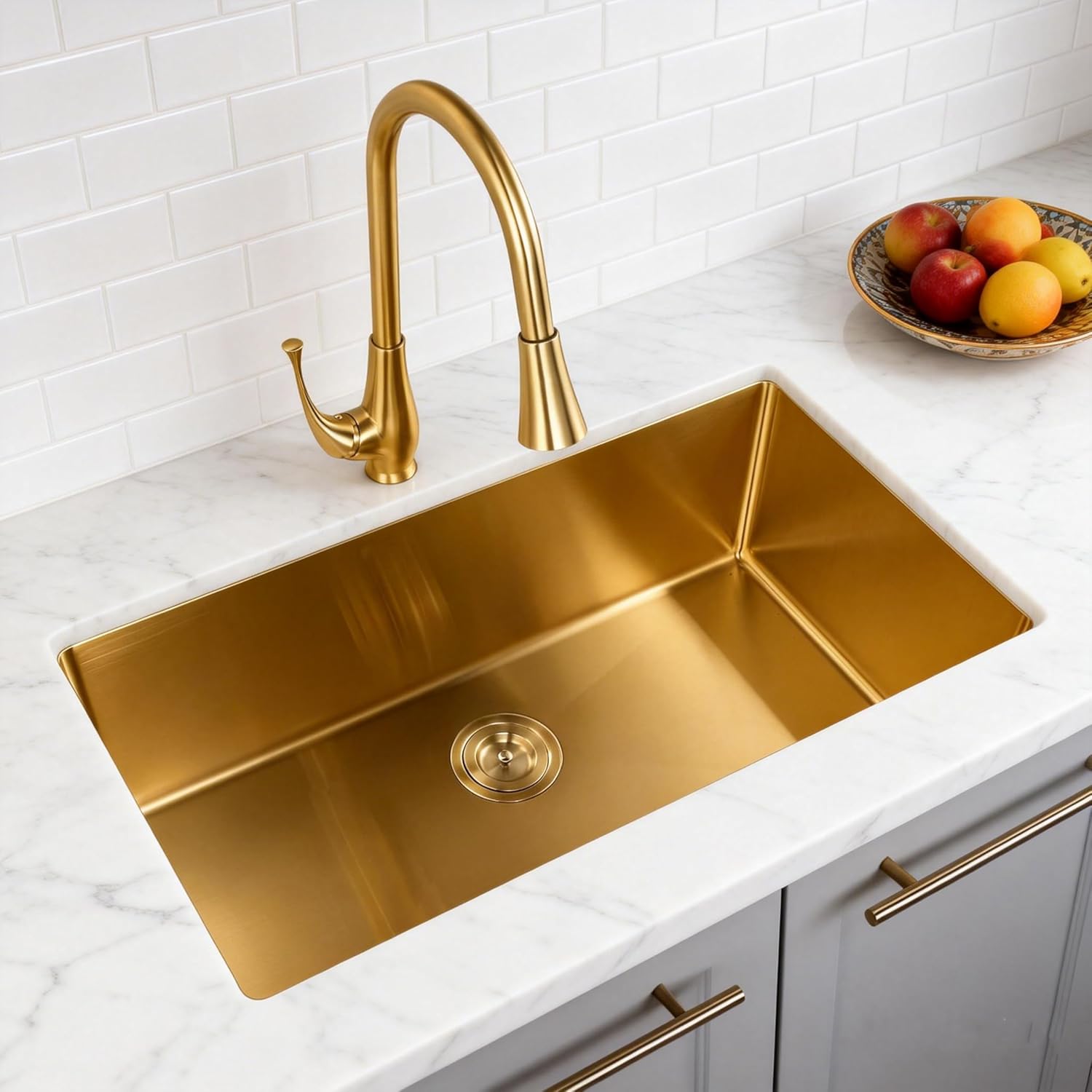 32 Inch Gold Kitchen Sink, 32 x 19 Inch Undermount Single Bowl Kitchen Sink, 16 Gauge Stainless Steel Sinks for Kitchen