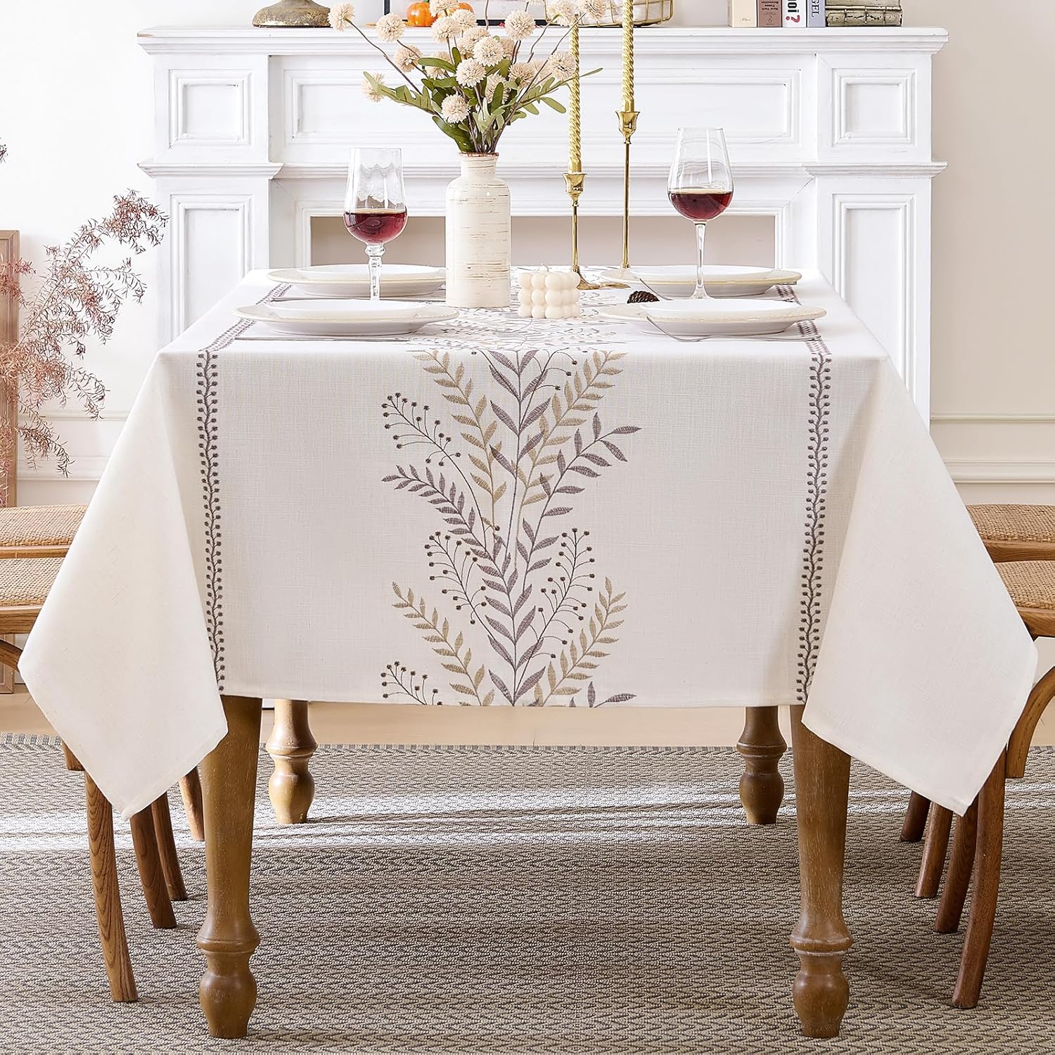 Linen Style Embroidered Fall Tablecloth, Waterproof and Wrinkle-Resistant Table Cloth Rectangle Tables, Farmhouse Floral Rectangle Table Cover for Dining Room and Parties(Coffee, 55"x120")