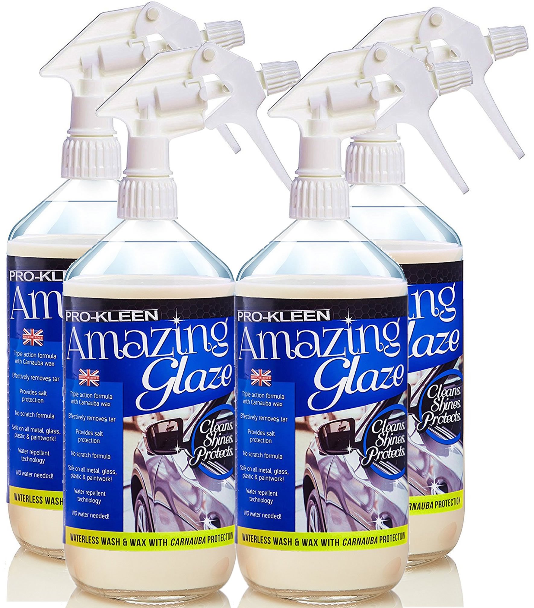 Pro-Kleen Amazing Glaze Waterless Wash & Wax with Carnauba Quick Detailer Spray | Cleans, Shines & Protects Your Car | Reveals a Polished, Showroom Shine (Quad pack - 4 x 1 Litre)