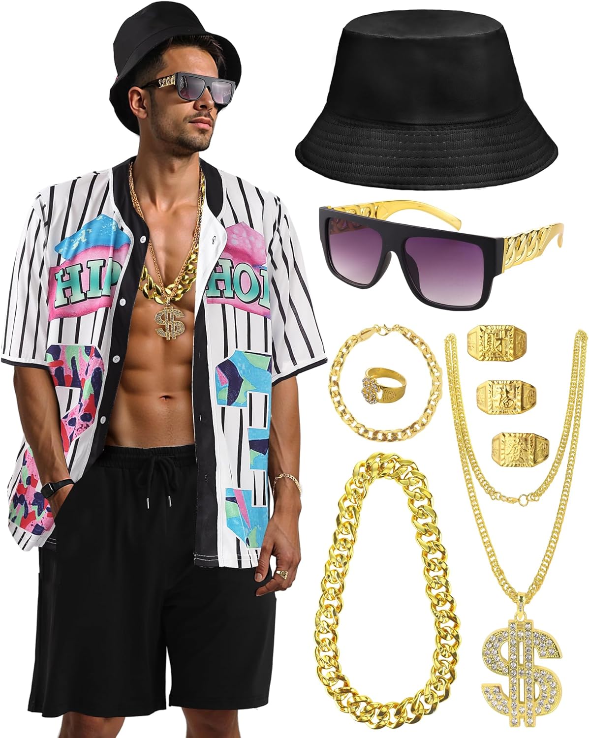 80s 90s Outfit for Men, Hip Hop Costume Baseball Jersey Shirt Shorts Rapper Accessories 1990s Party Costume