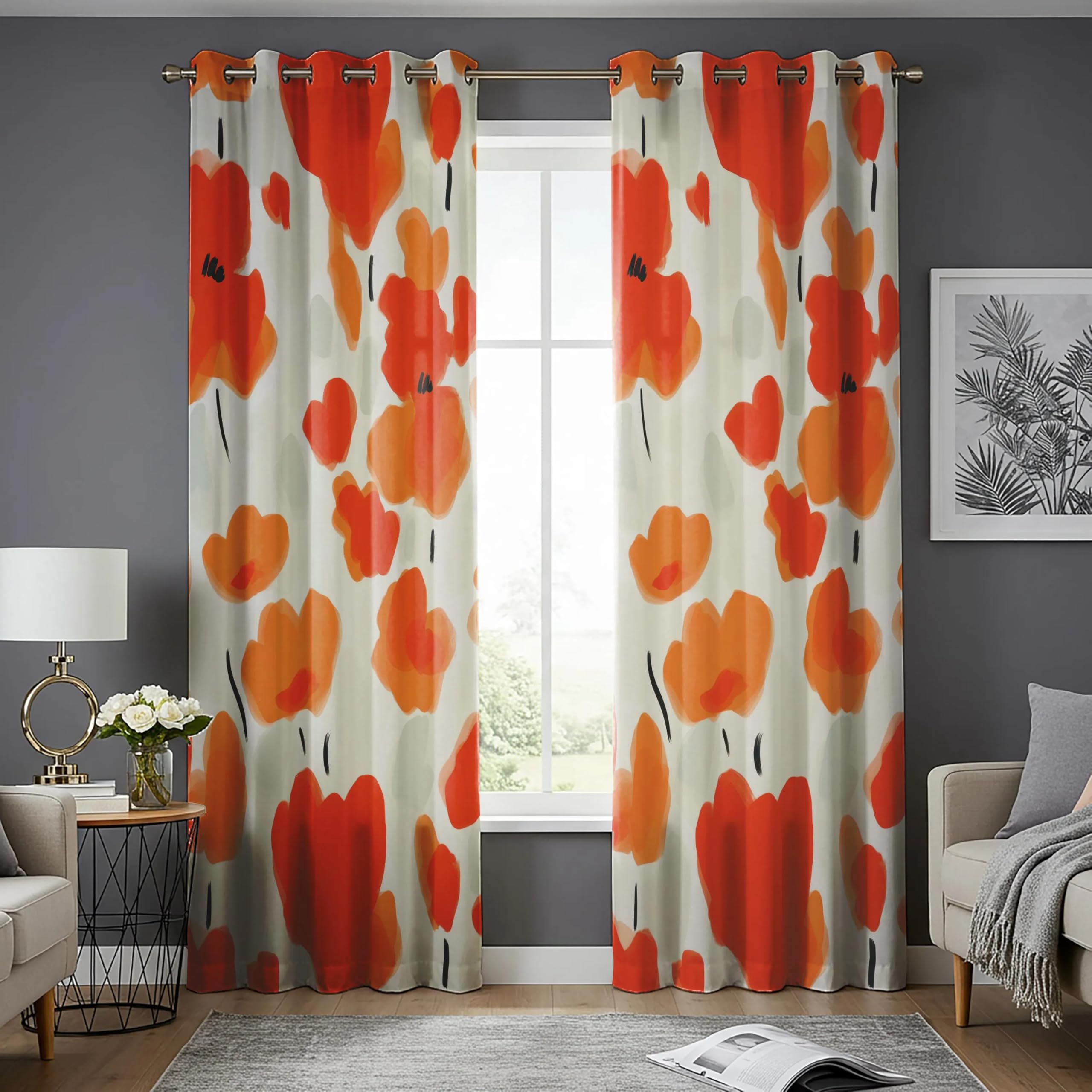 Rideaux abstraits à motifs de coquelicots orange, rideau floral moderne 210x220