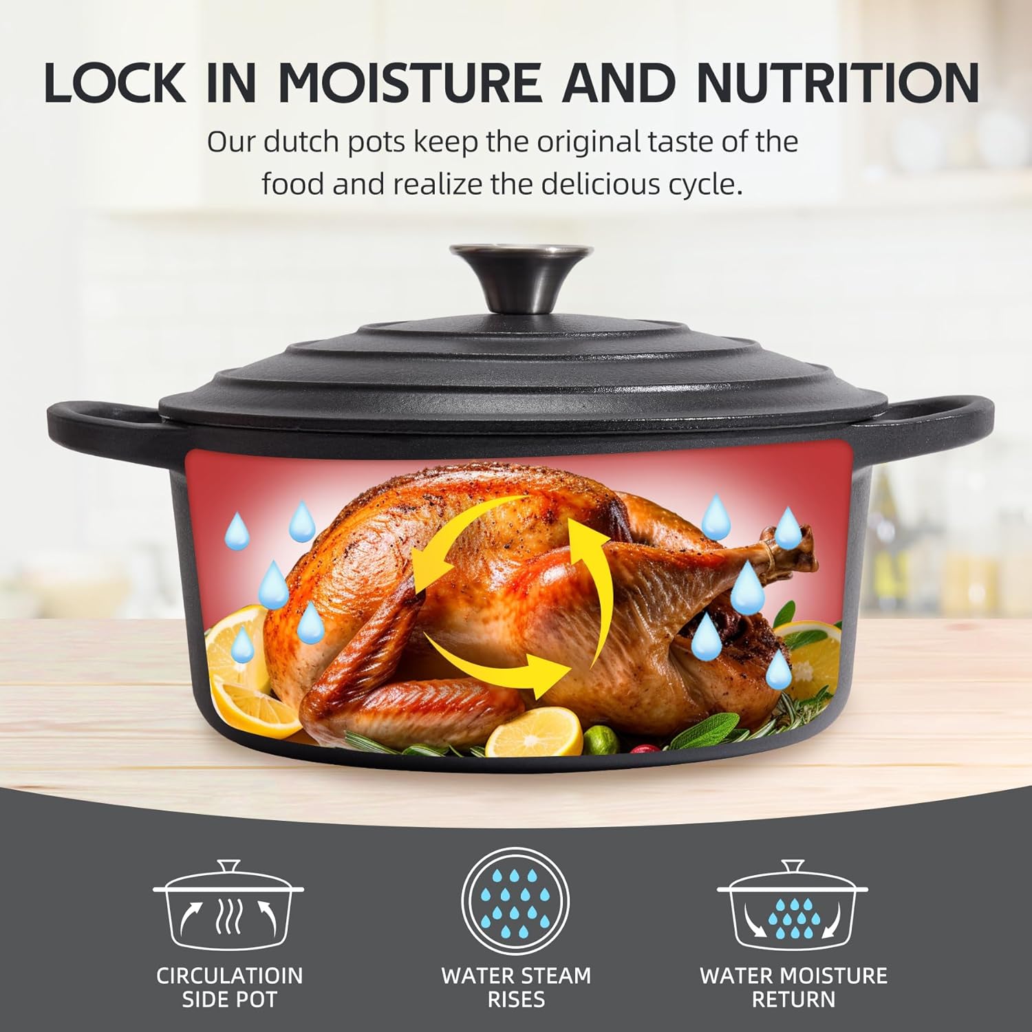 6 Quart Dutch Oven Enameled Cast Iron with Lid - Big Dual Handles - Oven Safe up to 500°F - Classic Round Pot for Versatile Cooking (Matte Black(No Enameled), 6 QT) - Image 4