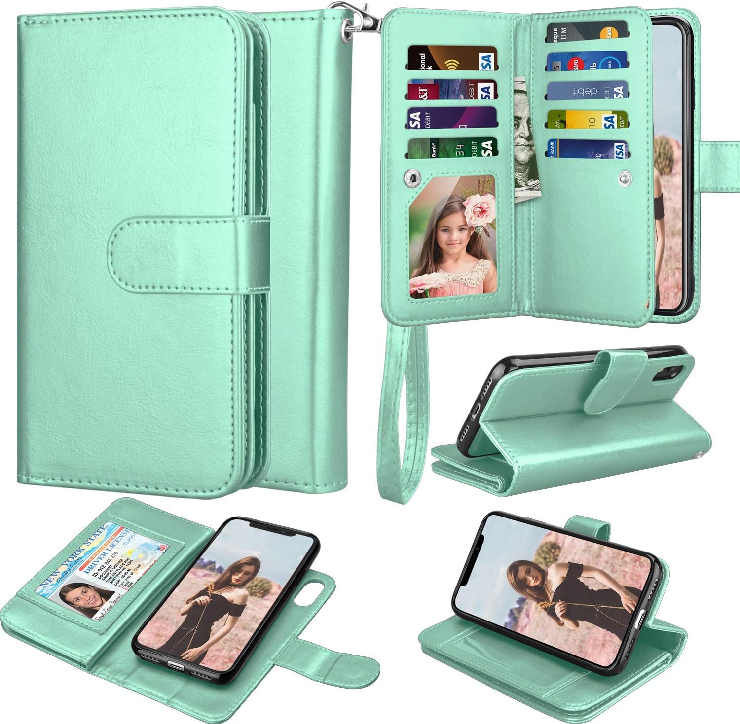 Takfox for iPhone XR Case/iPhone XR Wallet Case PU Leather Mutiple ID Credit Card Slots Holder Folio Flip Cover Kickstand Detachable Magnetic Phone Case & Lanyard for iPhone XR 6.1"-Turquoise