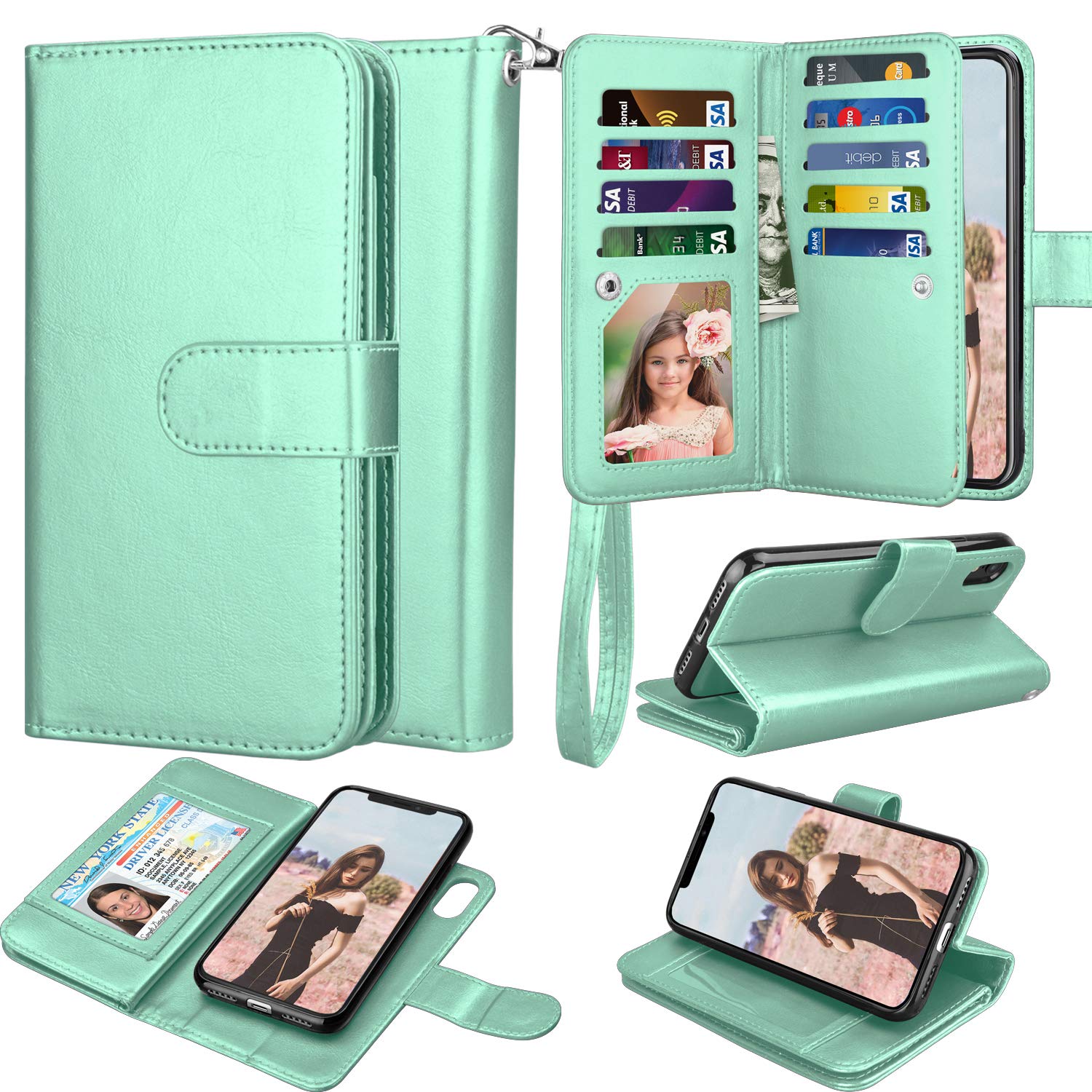 Takfox Wallet Case for iPhone XR, for iPhone XR 6.1 Leather Wallet Case with ID Credit Card Holder Slots Folio Flip Kickstand Detachable Magnetic Phone Case & Carrying Strap for iPhone XR, Turquoise