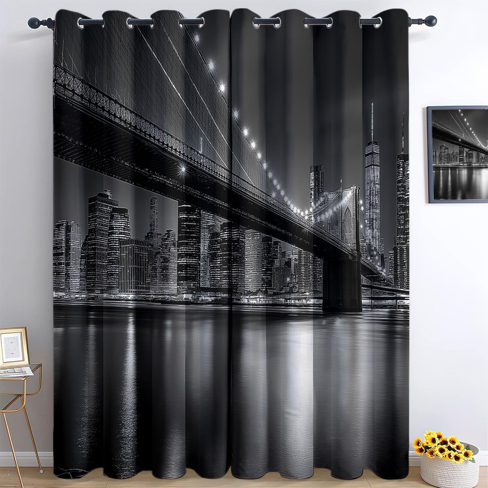 Rideaux occultants gris NYC pont de brooklyn drapé thermique œillet salon 117x229
