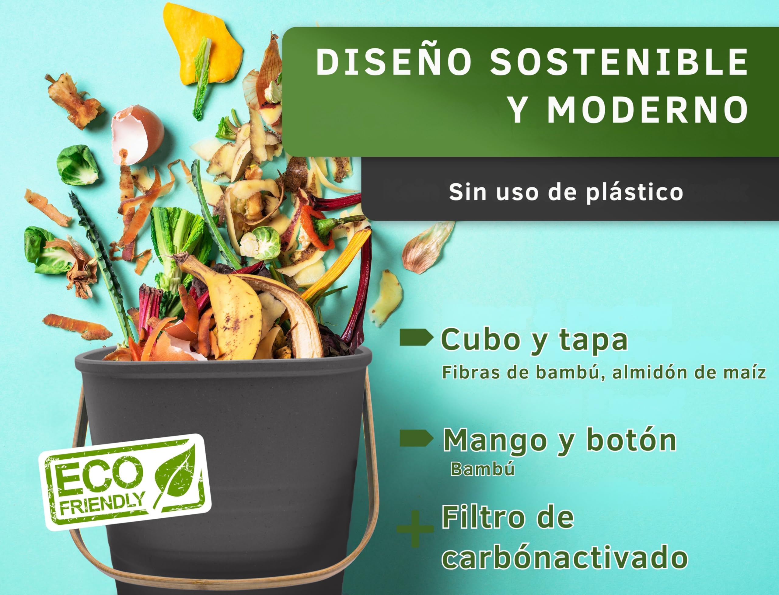 YourCasa Cubo Basura pequeño 4L - Cubo Basura organica con Filtro de carbón Activado - Cubo organico Cocina con Tapa compostador Cocina Cubo Basura organica pequeño Basura organica Cocina (Antracita)