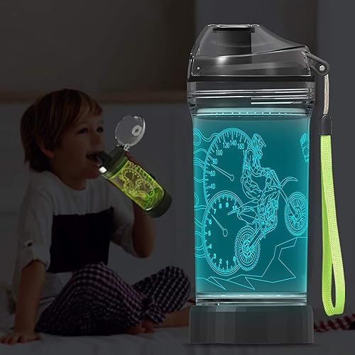 Miniatura 7 de YuanDian Botella de agua iluminada para niños con diseño 3D de motocross - 14 onzas Tritan libre de BPA ecológica - Vasos frescos para beber regalo