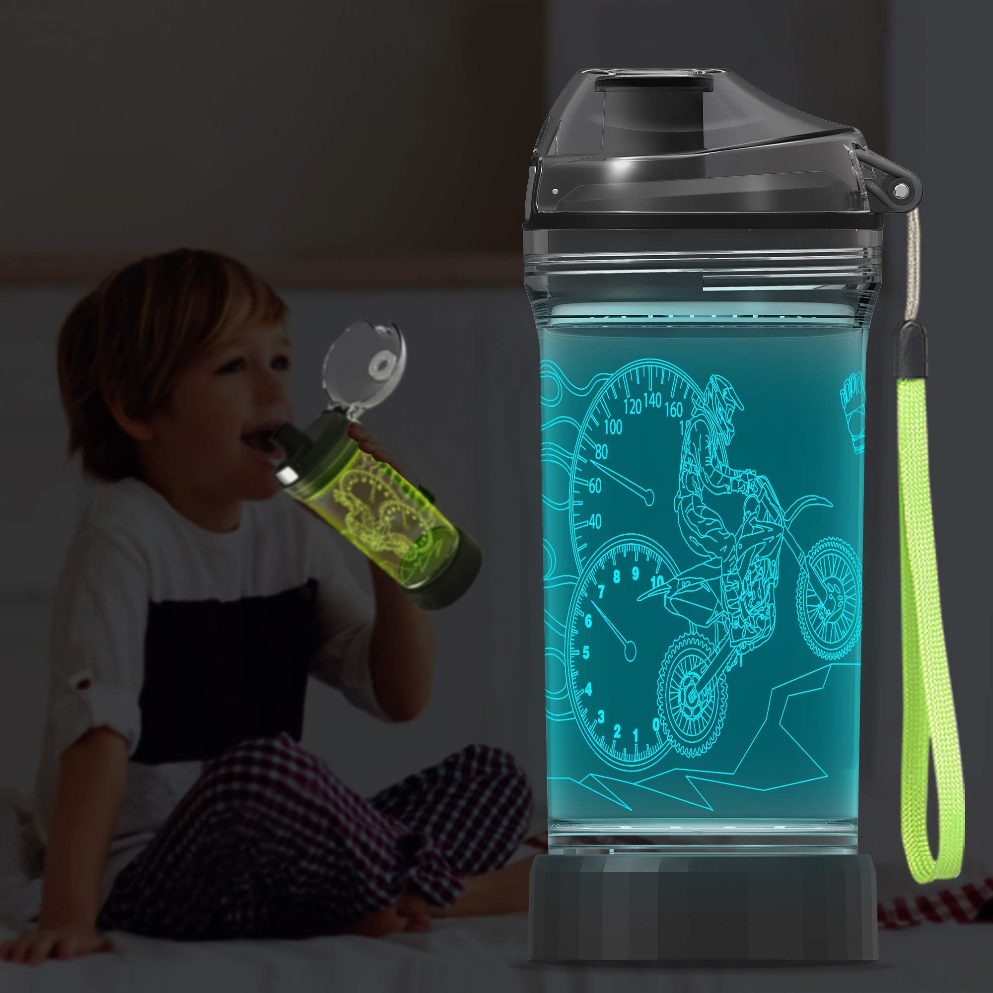 YuanDian Borraccia per moto da cross con luce LED 3D incandescente per bambini, in Tritan senza BPA, ecologica, idea regalo per la scuola, bambini, ragazzi, motocross