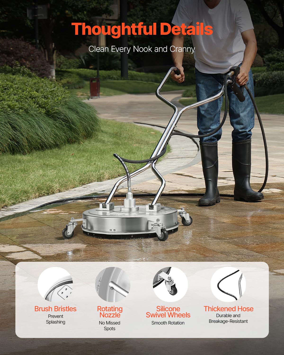 VEVOR 18 inch hogedrukreiniger met wielen, roestvrij staal betonreiniger 4000 Max PSI, 1/4 Quick-Connect Connector w/2 verlengstaf, Heavy Duty Power Washer voor vloer oprit, terras
