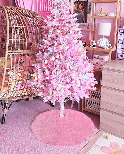 Miniatura 4 de Sofevaim Mini falda de árbol de Navidad de piel sintética rosa, 15 pulgadas, miniatura de felpa esponjosa, decoración de Navidad nevada, alfombra de