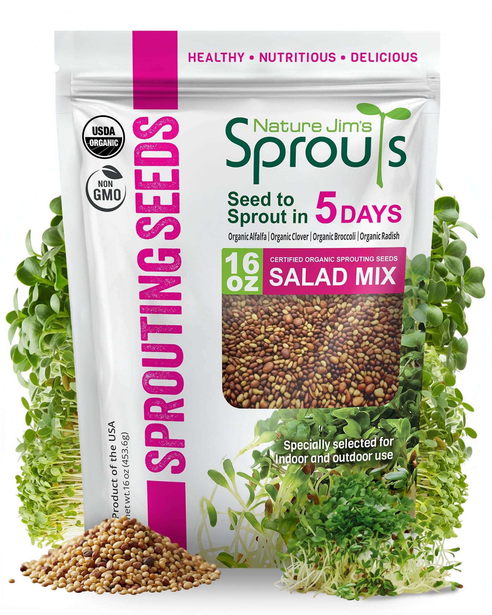 Nature Jims Sprouts Organic Salad Mix – Non-GMO Microgreen Seeds for Growing – Healthy Broccoli, Alfalfa, Radish & Clover Sprouting Variety Blend – Microgreens & Sprouts Seeds for Home Gardening – 1lb