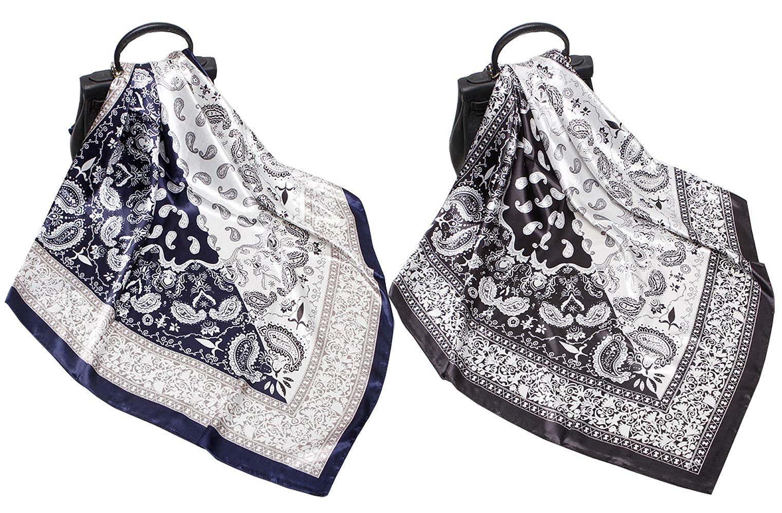 Paquete de 2 bufandas de seda satinada de 35 pulgadas para el cabello, bandana ligera para la cabeza, bufandas para el cuello y la cara para mujer, 2pcs Paisley2 Negro+azul marino 3