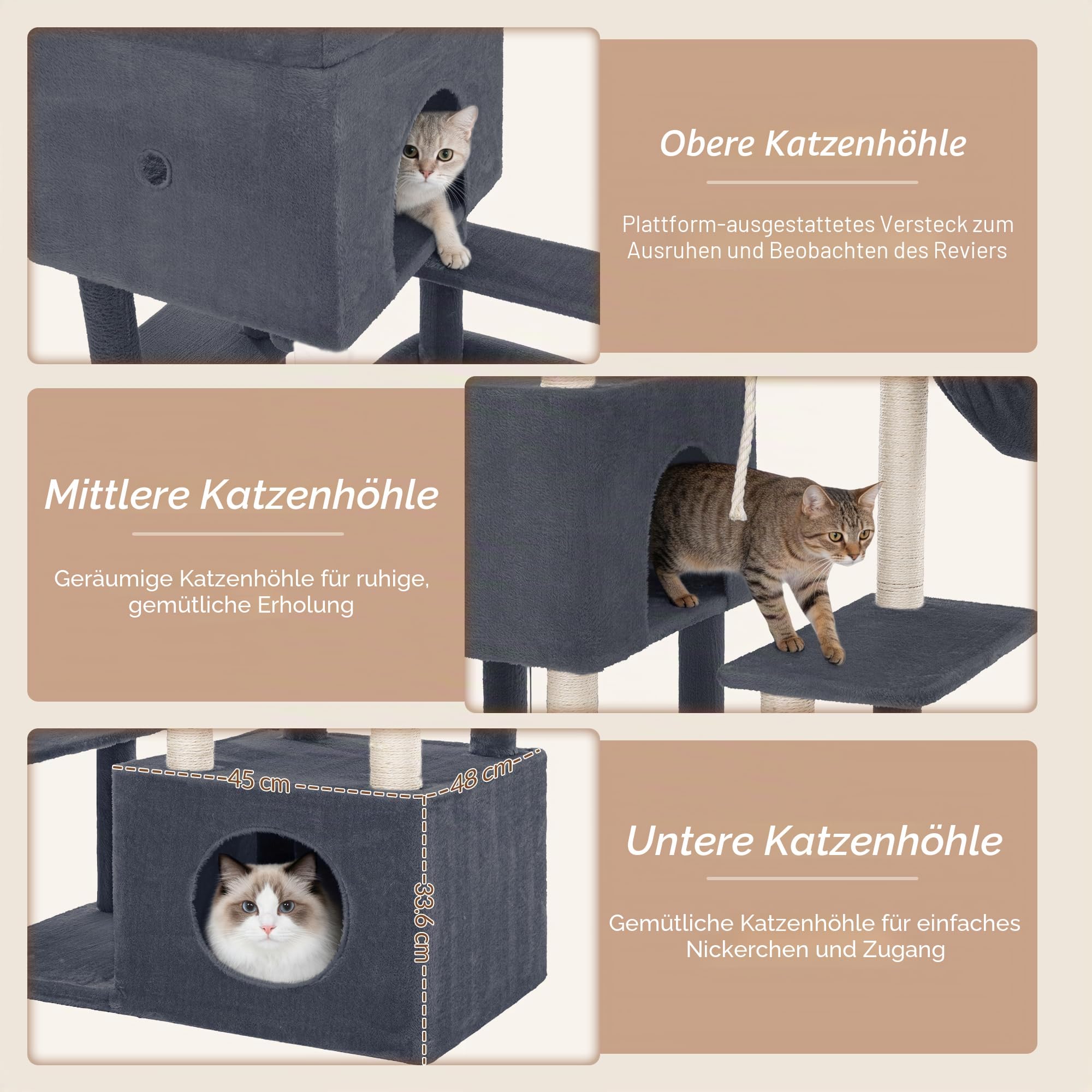 Kratzbaum, 200 cm XXL Katzenbaum, Dunkelgrau, mit 3 Große Höhlen | Mehrere Plattformen, 7 Sisalstämme, Kratzbrett, Körbe, Pompons, für Große Katzen Stabil, für den Innenbereich