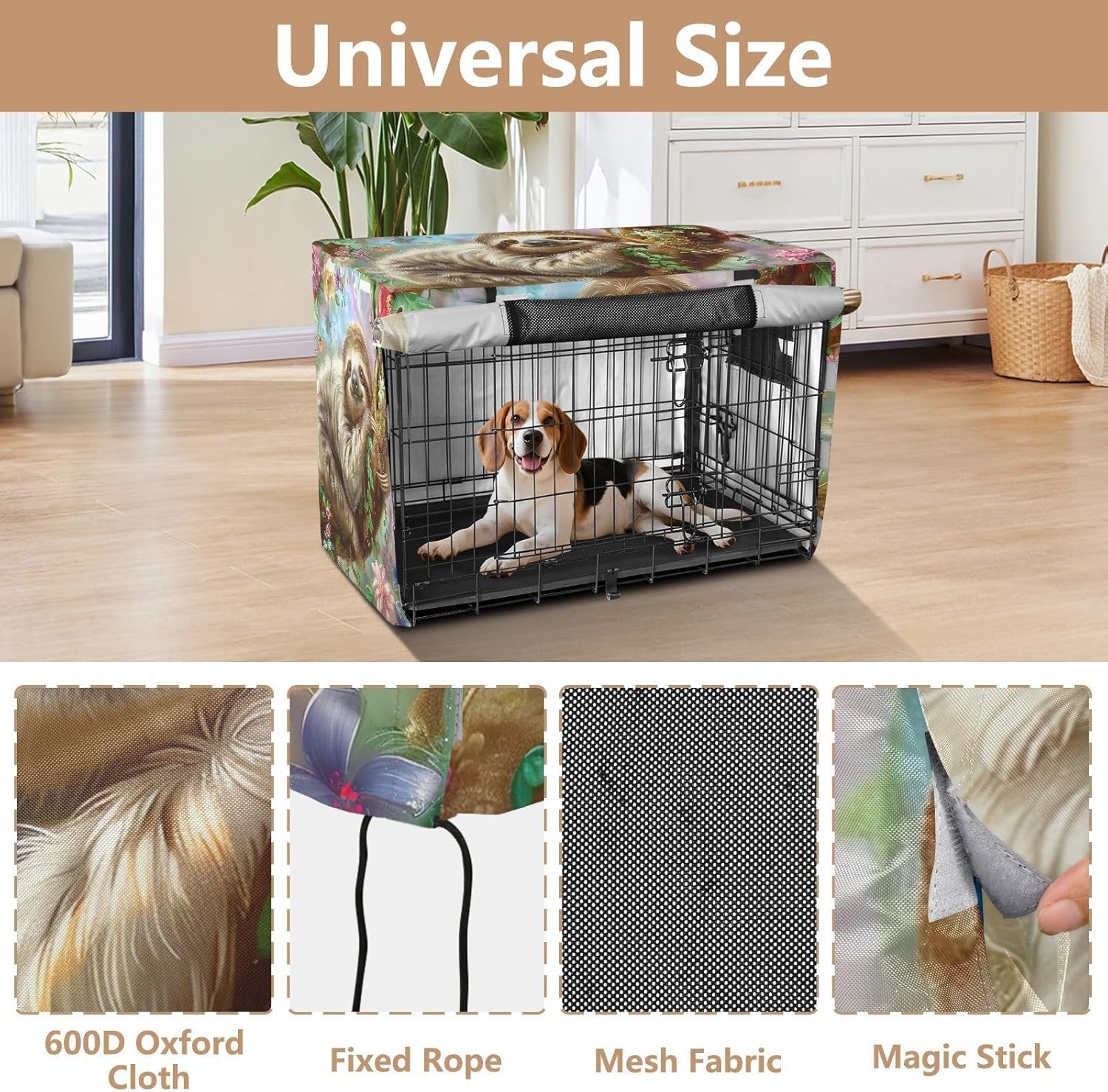 Cute Sloth Floral Funny Dog Crate Covers Roll-up Side Panels, Pet Cage Cover with Mesh Windows, Large
