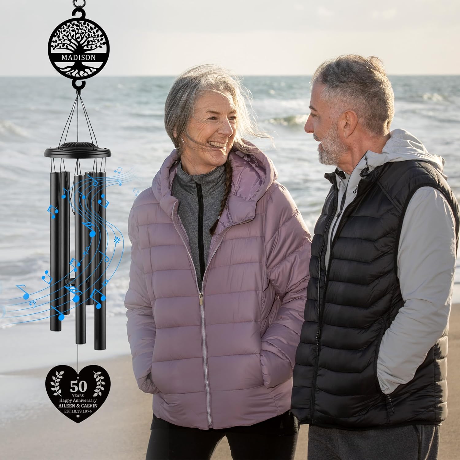 Personalized Wedding Anniversary Wind Chime, Custom 1th 10th 15th 20th 25th 30th 35th 40th 50th 60th 65th Anniversary Large Windchime, Customized Any Year Gifts for Parents Wife Husband Newlywed