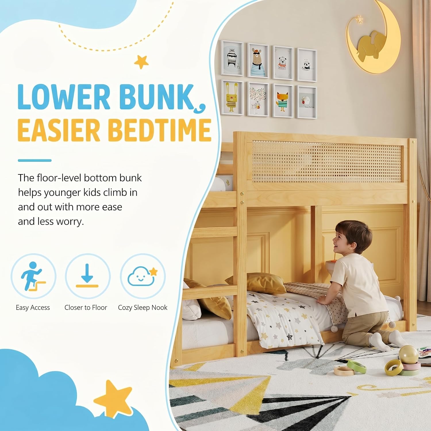 Twin Over Twin Bunk Bed with Floor Bed Design, Low Bunk Bed Frame with Rattan Guardrails & 2-Tier Storage Shelves, Kids White Bunk Bed with Ladder for Shared Room, Space Saving，Natural