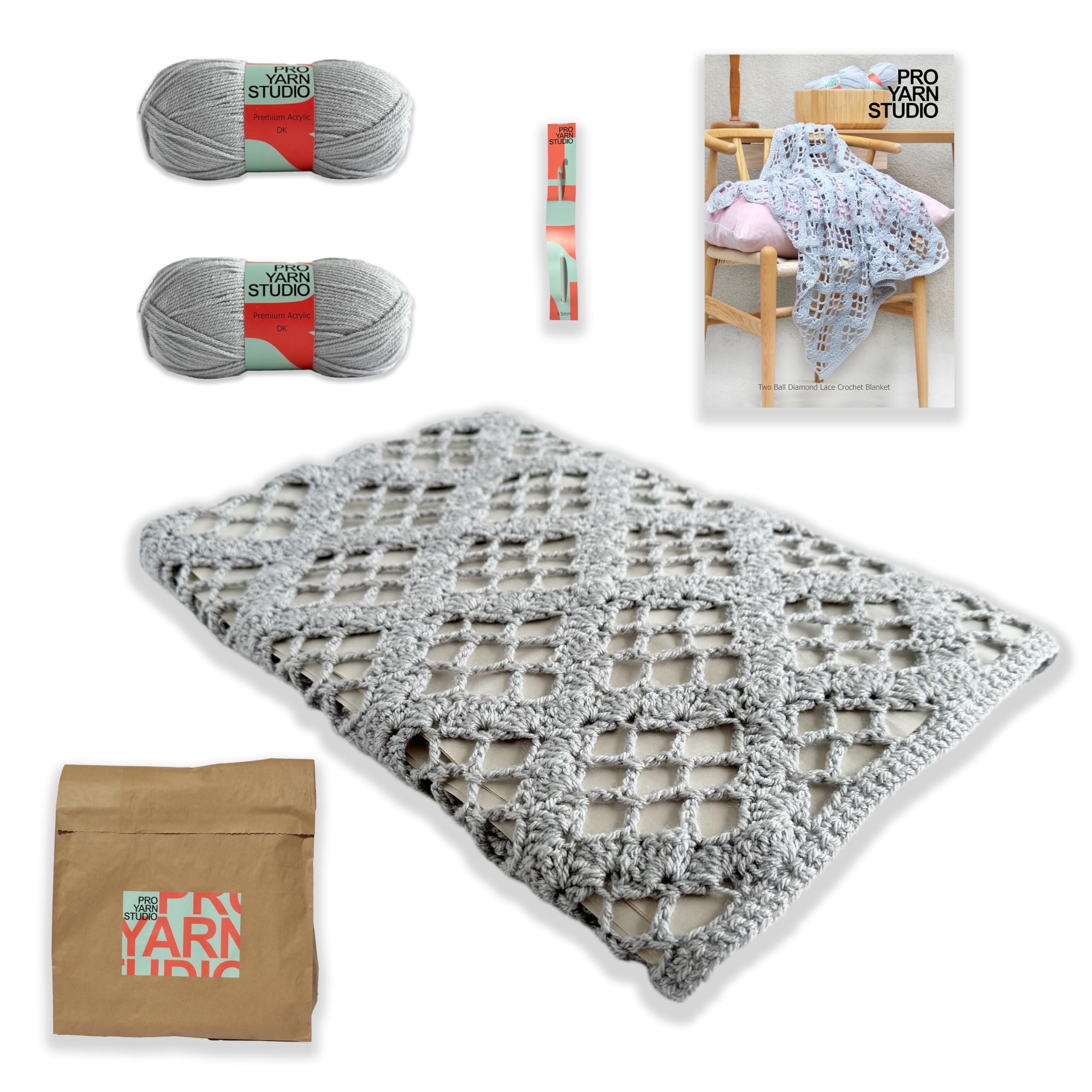Diamond Lace Blanket Crochet Kit for Adults with Everything Included, All The Yarn, Crochet Hook and Easy to Follow Pattern.