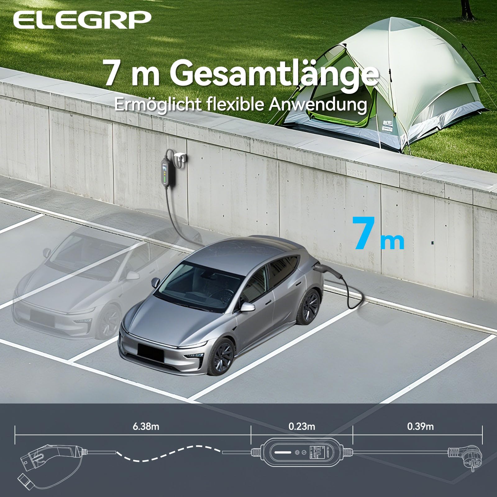 ELEGRP Typ 2 Ladekabel Schuko 7m, 3,68kW (1-phasig, 6-16A einstellbar) – Mobile Ladestation mit verzögertem Ladestart, IP66 wasserdicht, Plug & Play, kompatibel mit EVs & PHEVs (IEC 62196-2)