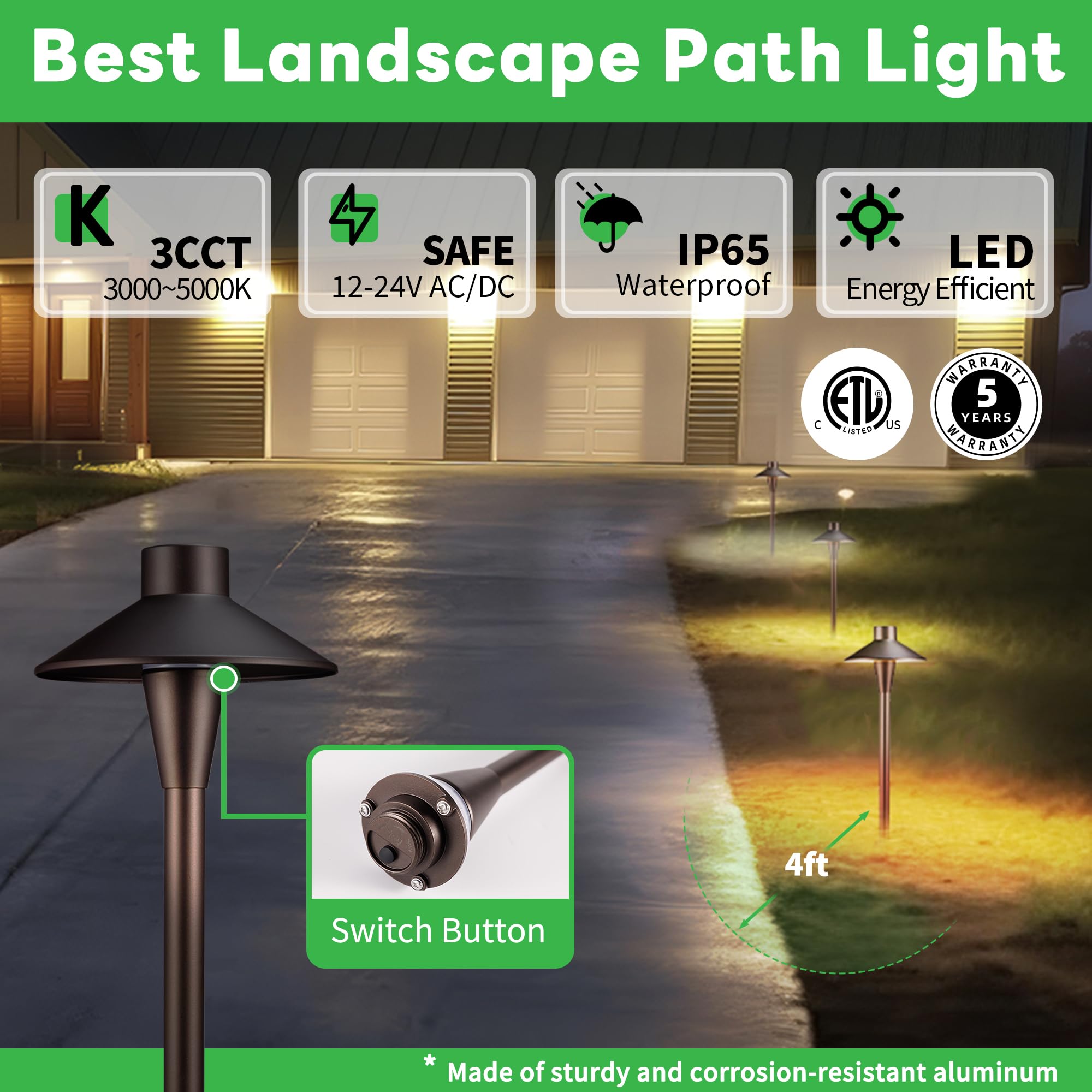 Varmtalys Landscape Path Lights Wired, 3 Lighting Modes LED 12V Low Voltage Pathway Lights, Outdoor Waterproof, 5W 150LM ORB Aluminum for Driveway Yard 10 Pack