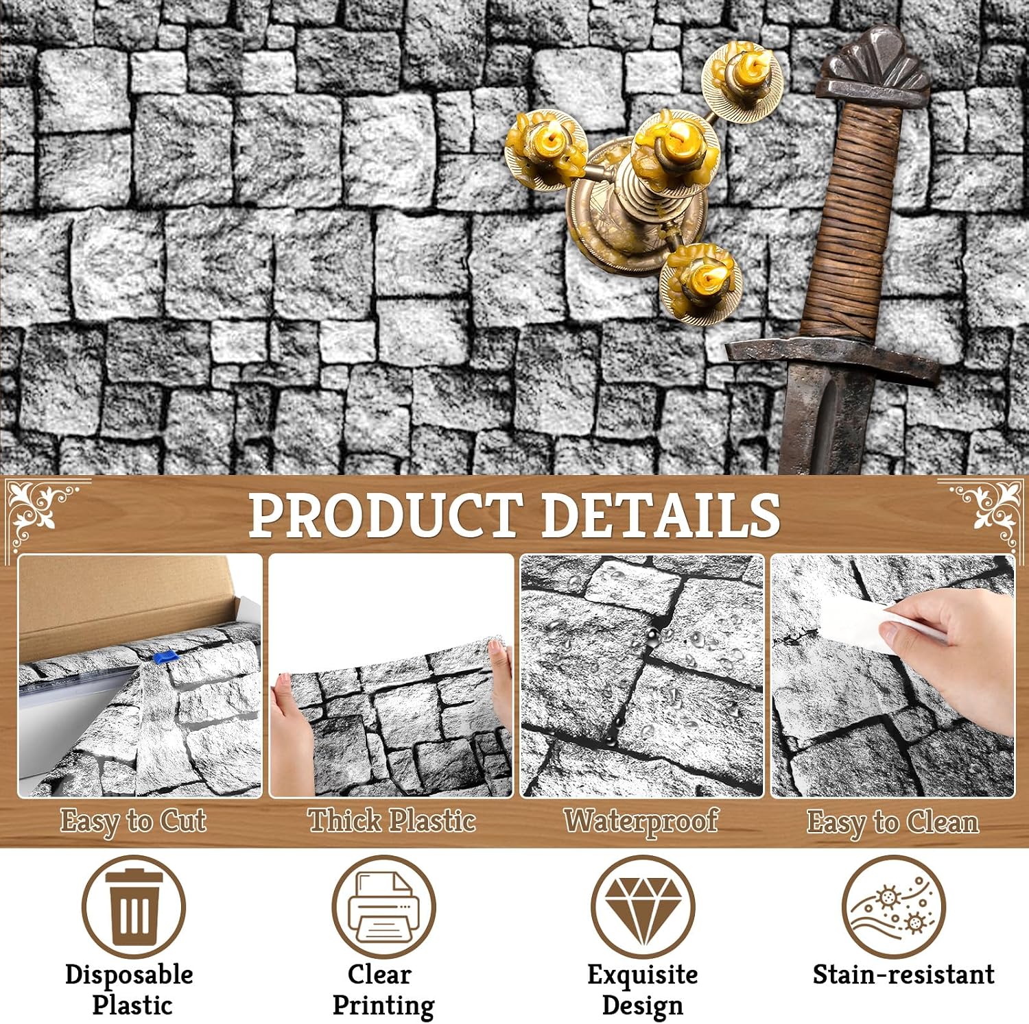 Medieval Stone Wall Tablecloth Roll with Cutter Box Disposable Plastic Stone Castle Table Cover Medieval Brick Dirt Floor Wall Grey Antique Backdrop for Farm Knight Birthday Party Decor 100FT x 54IN