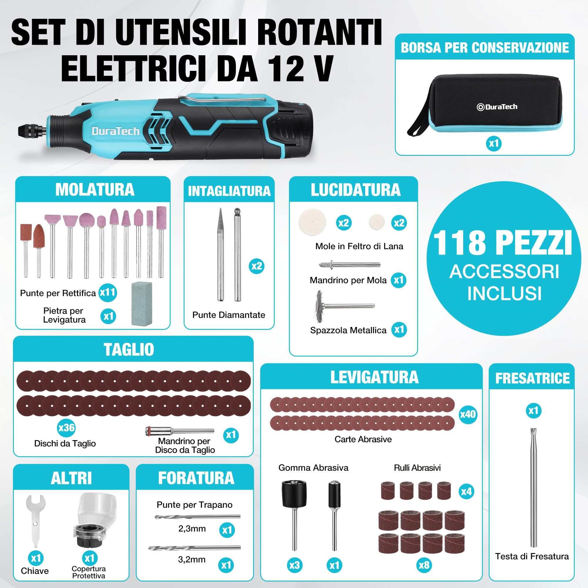 DURATECH Strumento Multifunzione Ricaricabile 35.000 giri/min 7 Velocità con 118 Accessori