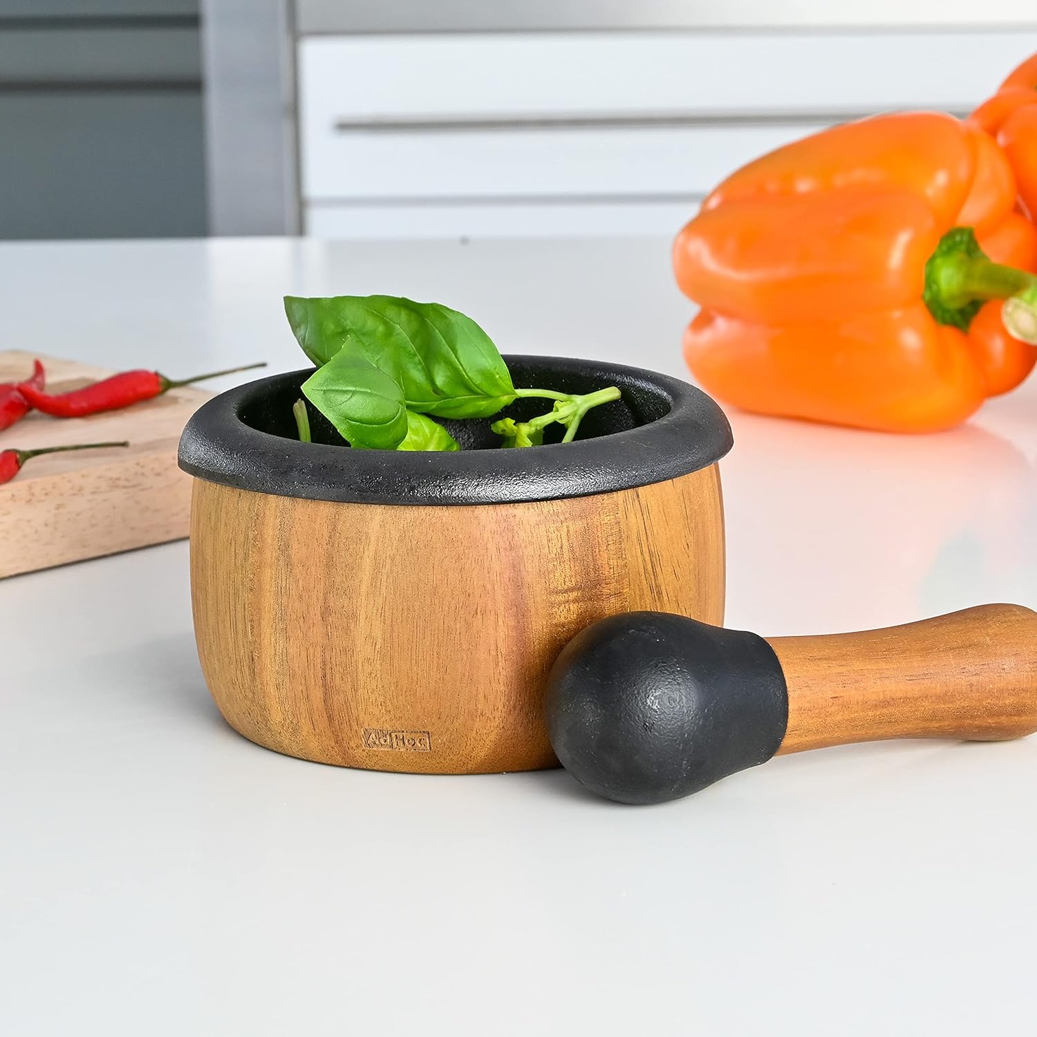 AdHoc MO20 CRUSH Pestle & Mortar | Cast Iron/Acacia Wood | Spice Grinder/Herb Grinder | (H)75mm x (D)130mm | Brown/Black