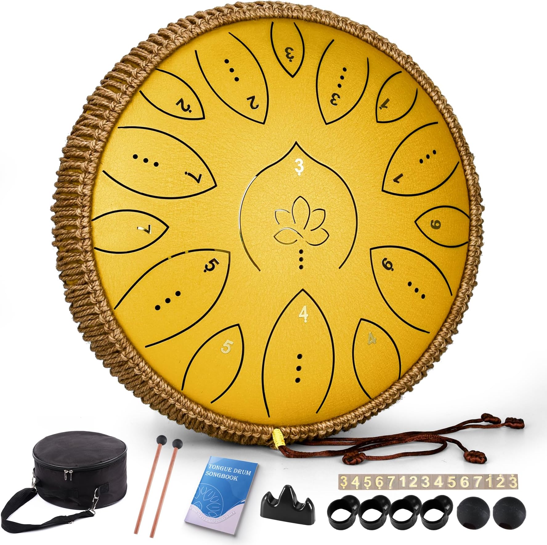 Lidguni Steel Tongue Drum, 13 Inches 15 Notes Tongue Drum, Steel Drums for Adults, Steel Pan Drum Song Book, Hand Pan Drum Mallets, Handpan C Major (Yellow)