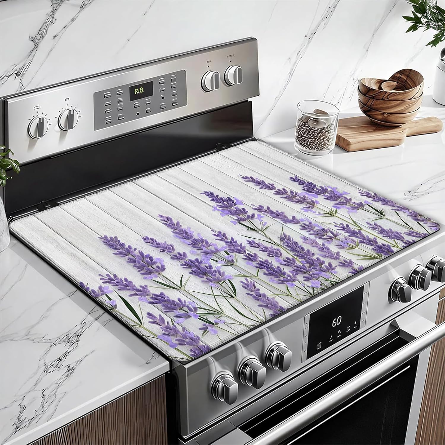 Purple Lavender Stove Top Covers for Electric Stove, Flower Electric Gas Stove Pad Heat Resistant Range Cooktop Protector for Home Decor Kitchen 28"x20"