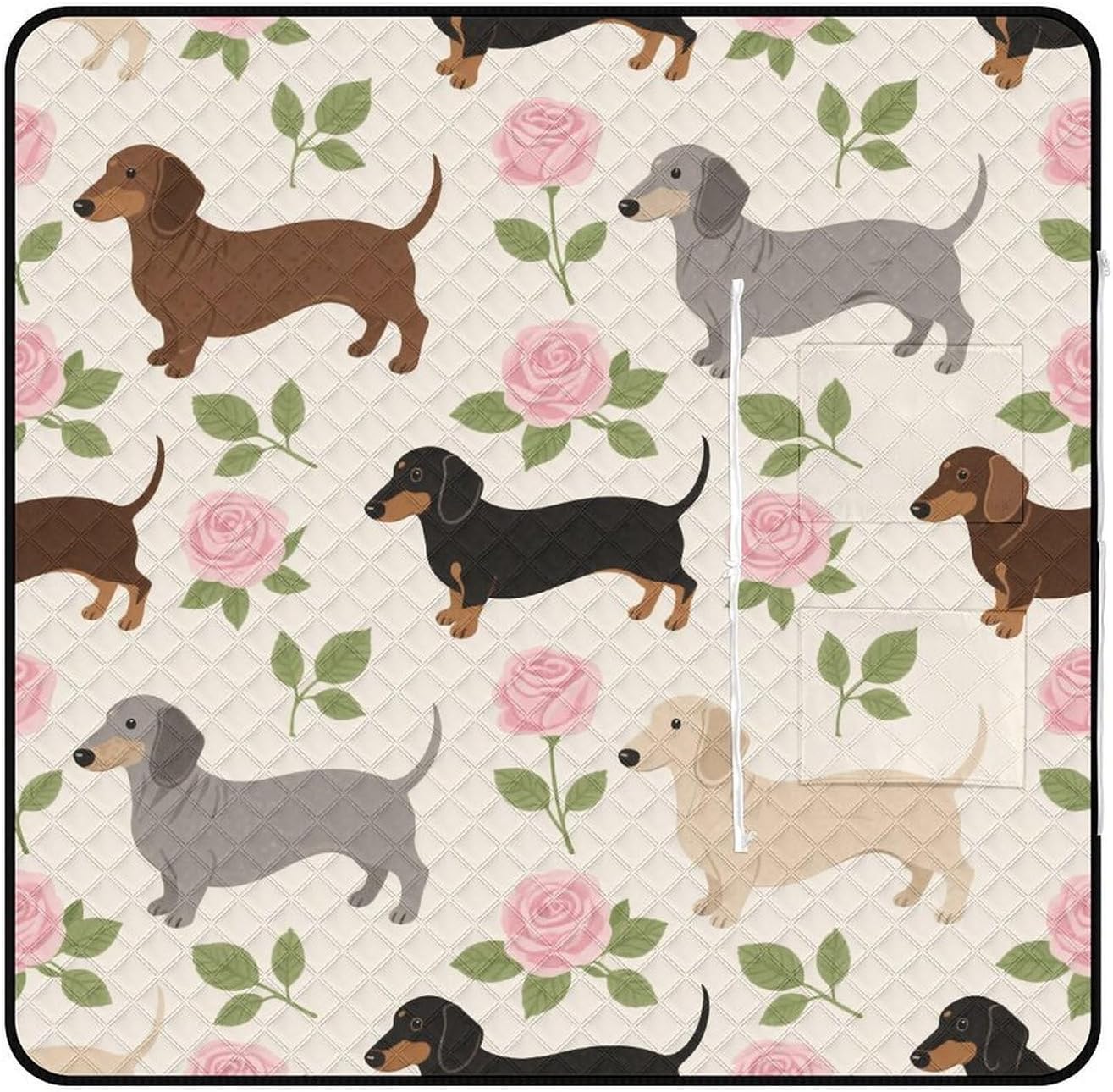Dachshund Floral Picnic Blanket 150x150cm, Foldable 2-in-1 Picnic Mat and Tote Bag Portable Waterproof Beach Mat Sandproof Outdoor Blanket for Park, Hiking, Beach, Camping, Travel