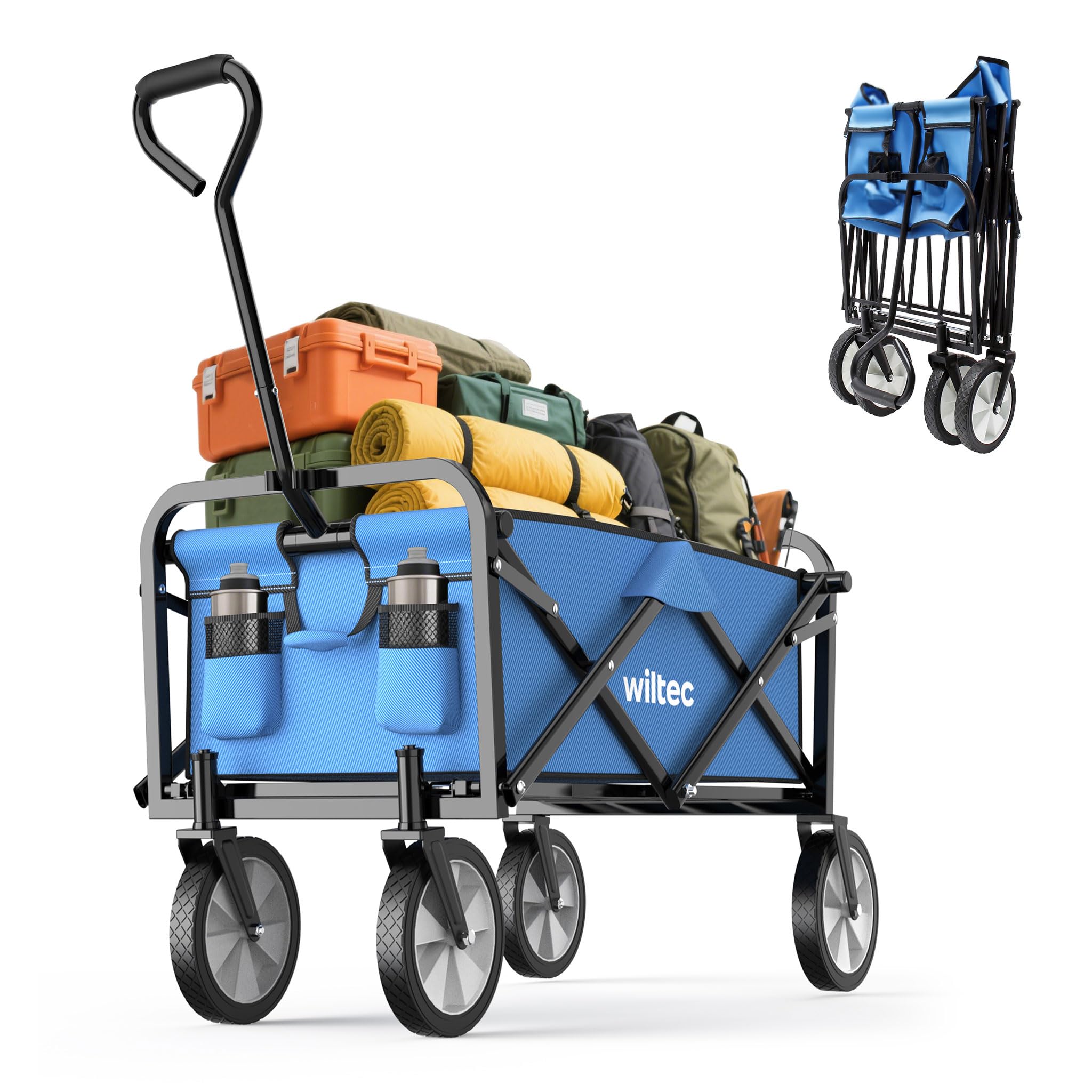 Wiltec Składany wózek transportowy niebieski do 68 kg obciążenia, kompaktowa przyczepka kempingowa, solidny wózek terenowy, turystyczny, ogrodowy