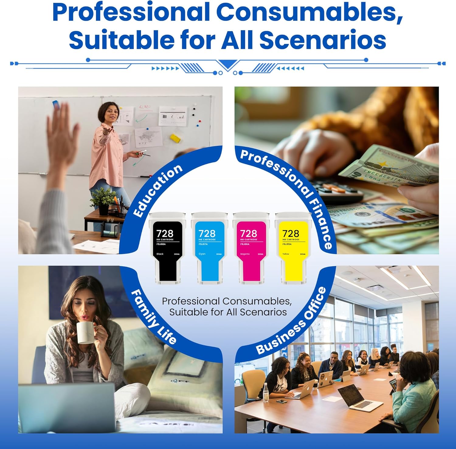 728 Ink Cartridge 300ML Pigment Ink Tank Bundle Replacement for HP 728 Ink Cartridges F9J68A F9J67A F9J66A F9J65A for DesignJet T830 MFP & T730 Large Format Plotter Printers, 4-Pack 728 Ink Kit