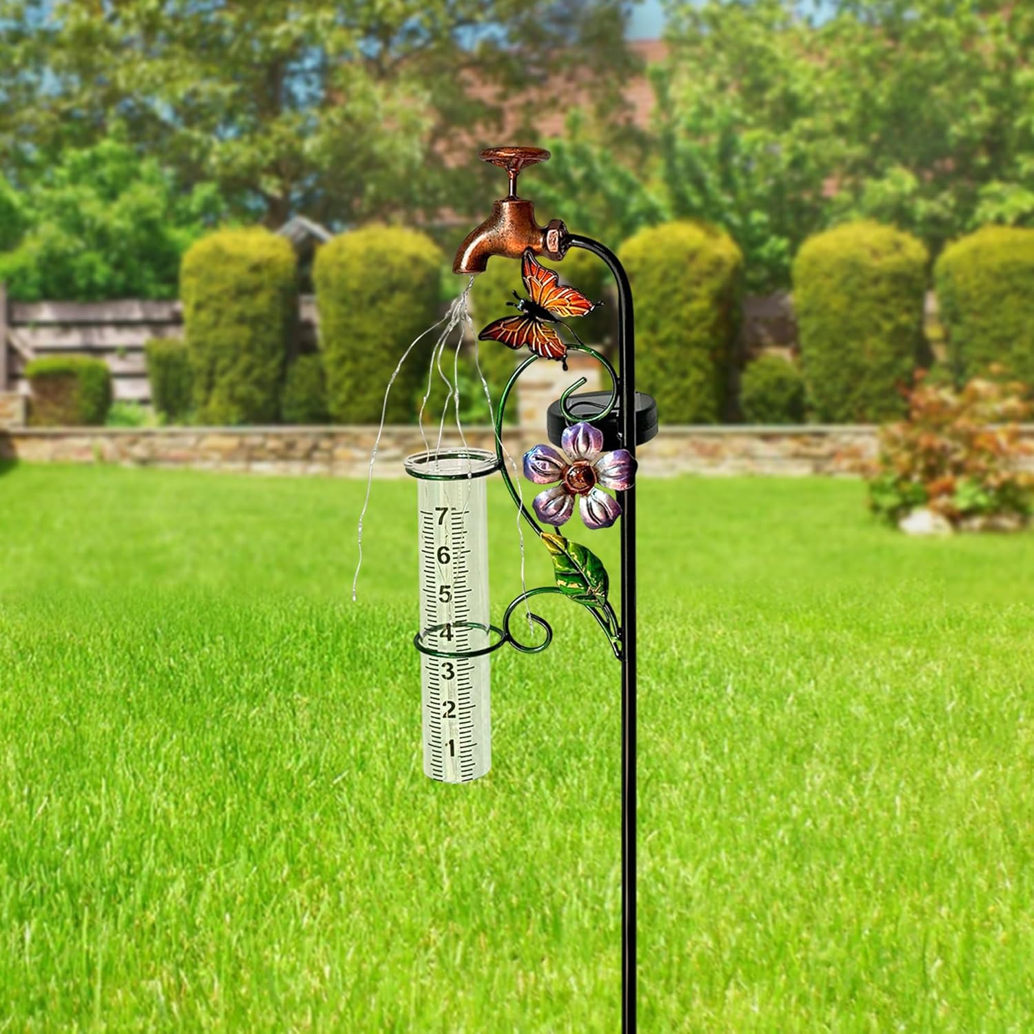 Decorative Rain Gauge Garden Stake with Butterfly and Flower Design, Copper Faucet Style, Metal Garden Decor